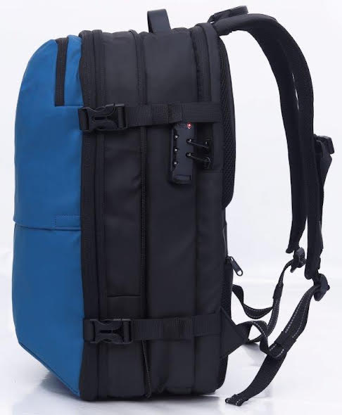 Travelite 17.3 Inch Vacuum Compression Travel Backpack with Hand Pump - Lightweight Carry-On Luggage for Airplane, Camping & Outdoor Adventures (Blue)