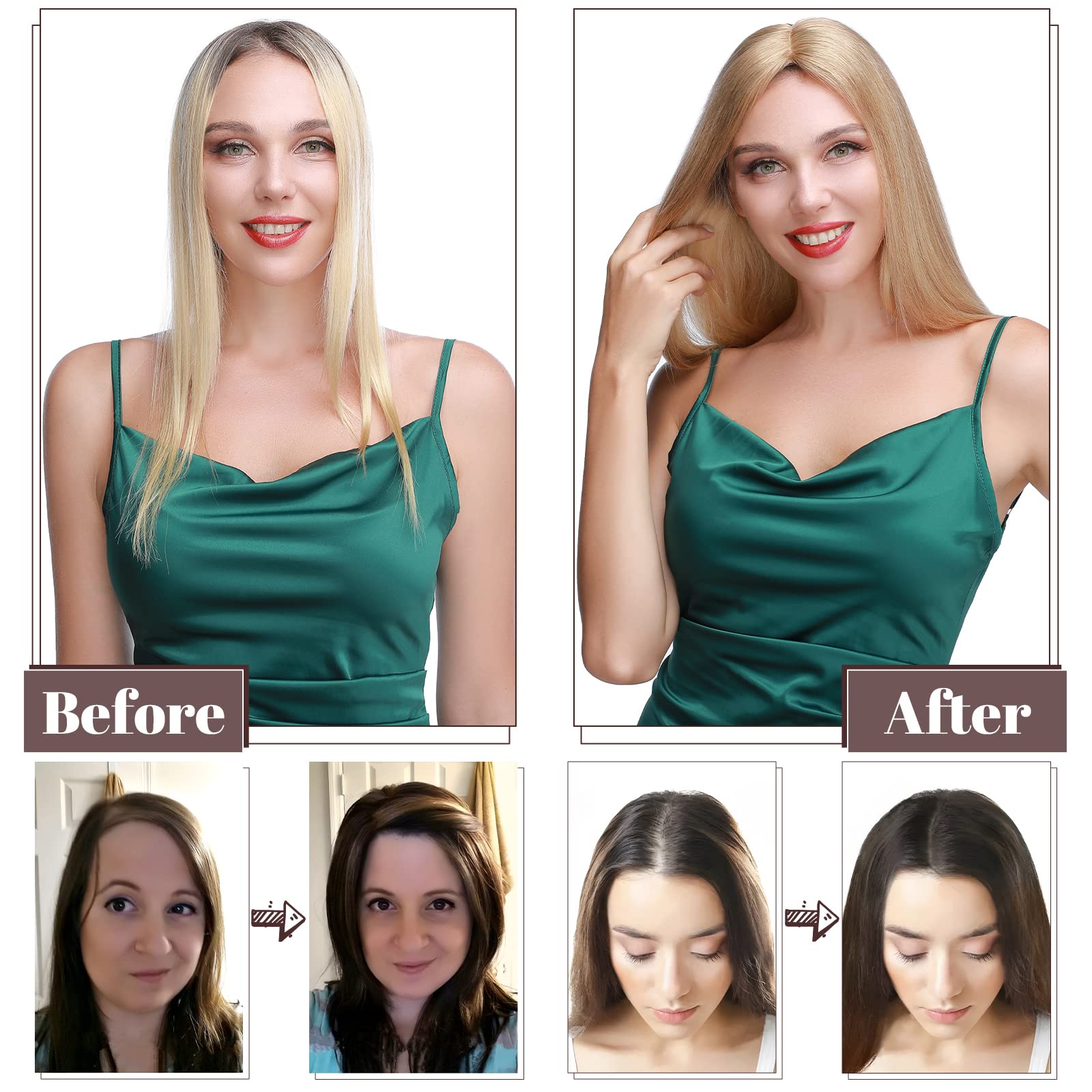 SEGO Clip-in Human Hair Topper for Women - No Bangs Remy Hair Topper with Silk Base, 4 Clips for Thinning Hair & Hair Loss - Perfect for Covering Grey Hair & Daily Styling (Work, Parties, Weddings)