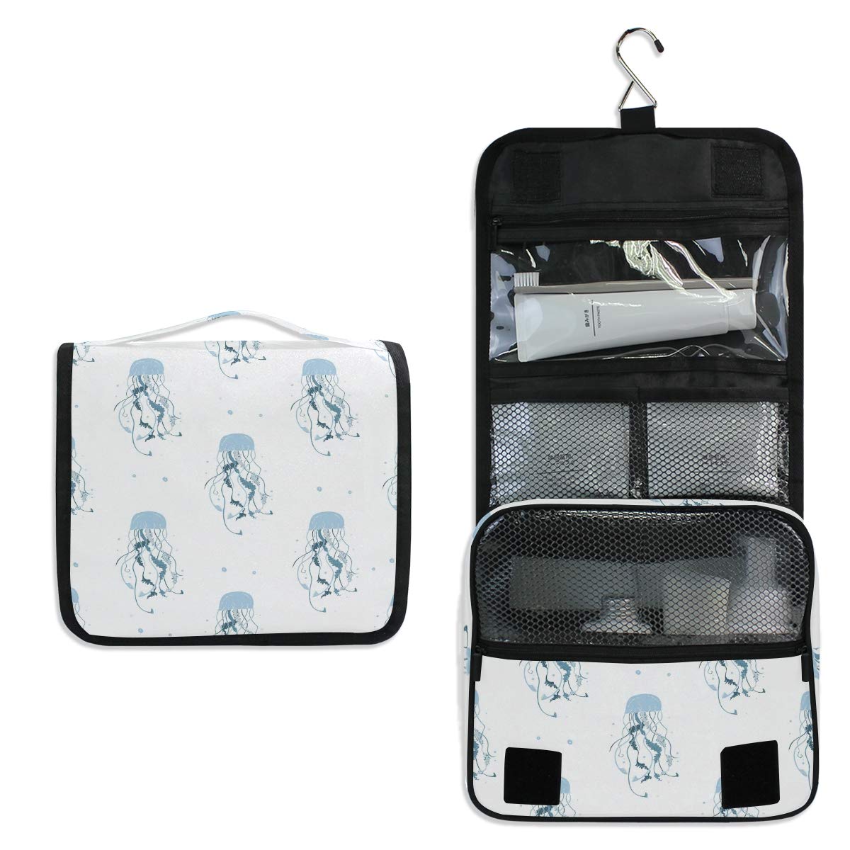 MOYYO Travel Hanging Toiletry Bag - Waterproof Cosmetic Organizer for Women | Portable Makeup Pouch with Blue Jellyfish Design | Perfect for Shower, Gym, Vacation & Daily Use
