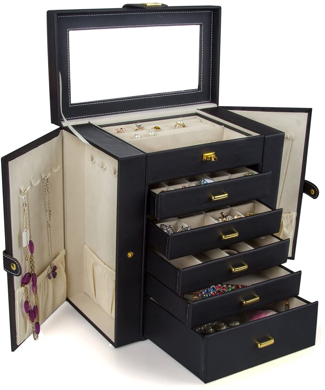 Leather Jewelry Box for Travel - Large Capacity Mirror Surface Jewelry Organizer with Handle & Drawer | Perfect for Jewelry Storage, Small Item Organization & Travel Accessories