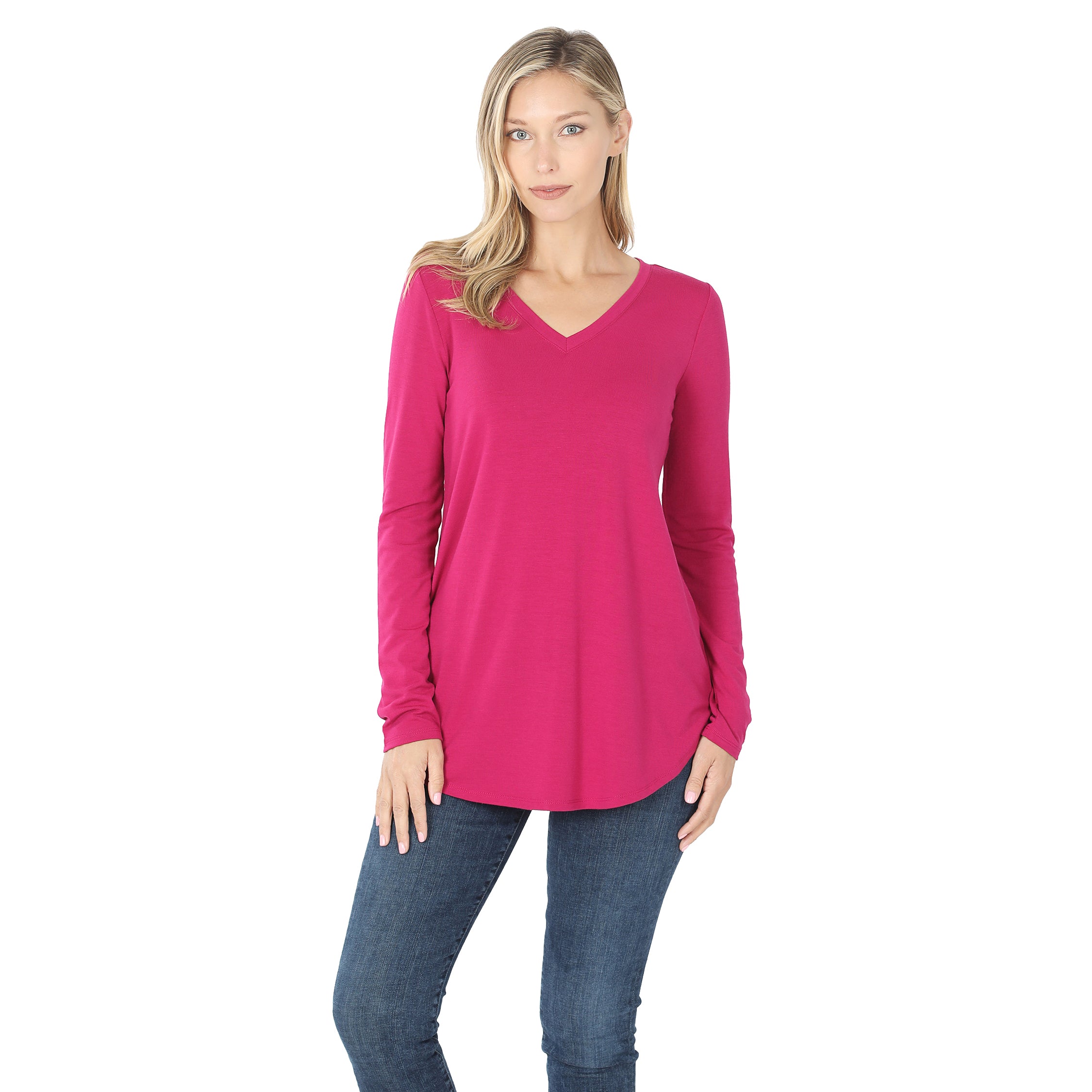 Women's Long Sleeve V Neck Scoop Front & Back Stretch T-Shirt - Casual Comfort Top for Everyday Wear, Work & Date Night