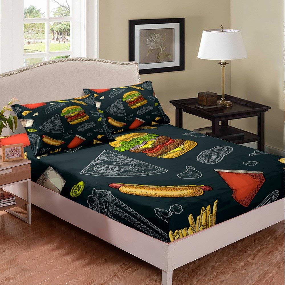 **Retro Pizza & Fries Bedding Set - 3 Piece Full Modern Bed Sheet Set with Deep Pocket, Chic Burger & Hot Dog Print - Perfect for Teen Girls Room, Dorm Decor & Themed Bedrooms**