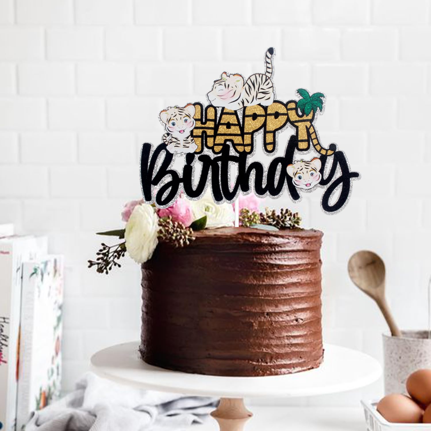 Jungle Safari Animal Birthday Cake Topper - Glitter Cartoon Tiger Decor for Baby Shower & Kids Party Supplies | Perfect for Jungle Theme Birthday Cakes, Wild Animal Decorations, and Baby's First Birthday Celebrations