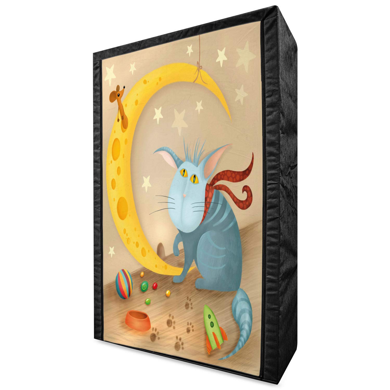 Ambesonne Funny Cat & Mouse Cartoon Fabric Wardrobe - Portable Clothing Organizer with Shelves, 42.5 Inch Multicolor Storage Closet | Perfect for Bedroom, Kids Room & Dorm Organization