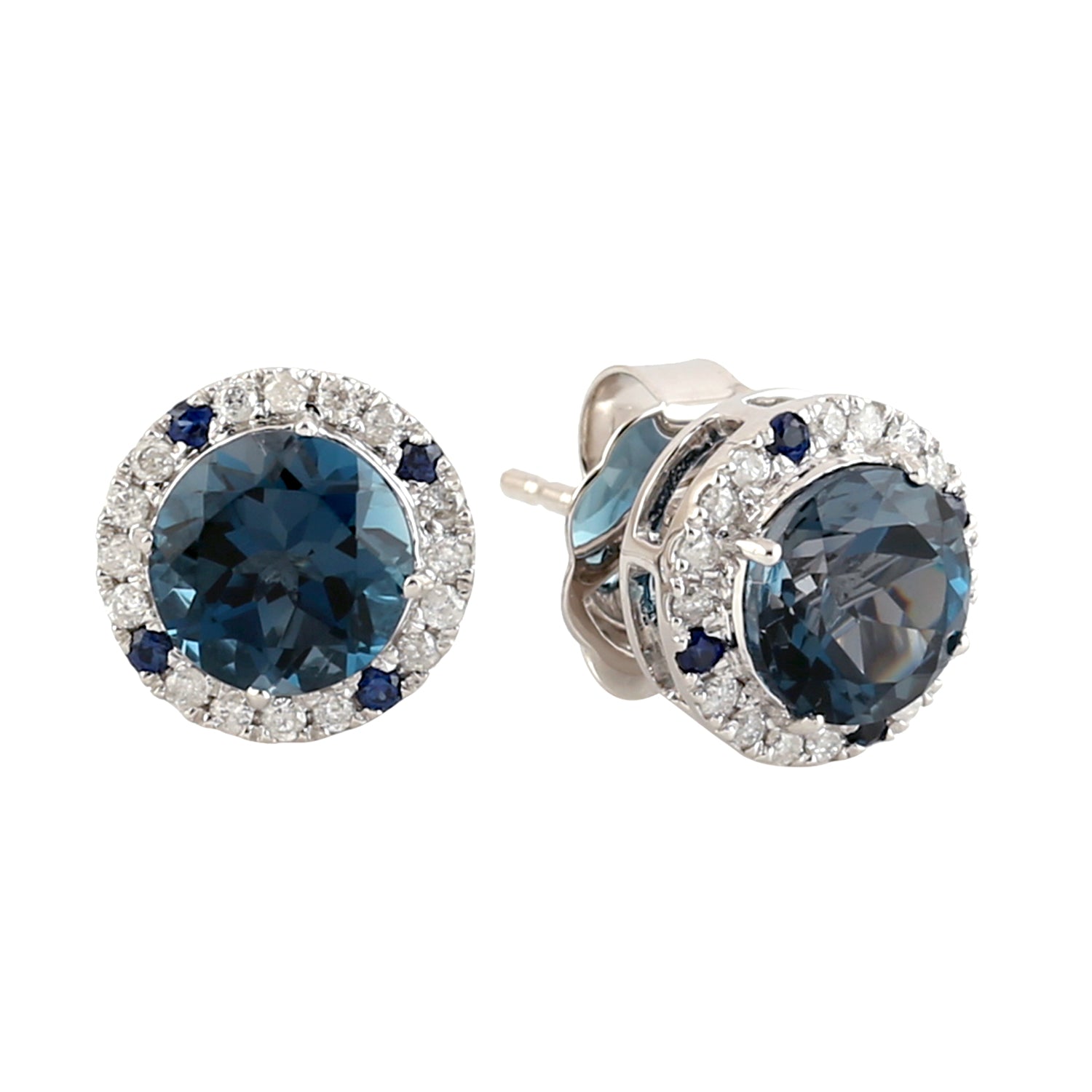 London Topaz Prong Blue Sapphire Pave Diamond Stud Earrings in 18K White Gold - Elegant Jewelry for Weddings, Anniversaries & Special Occasions