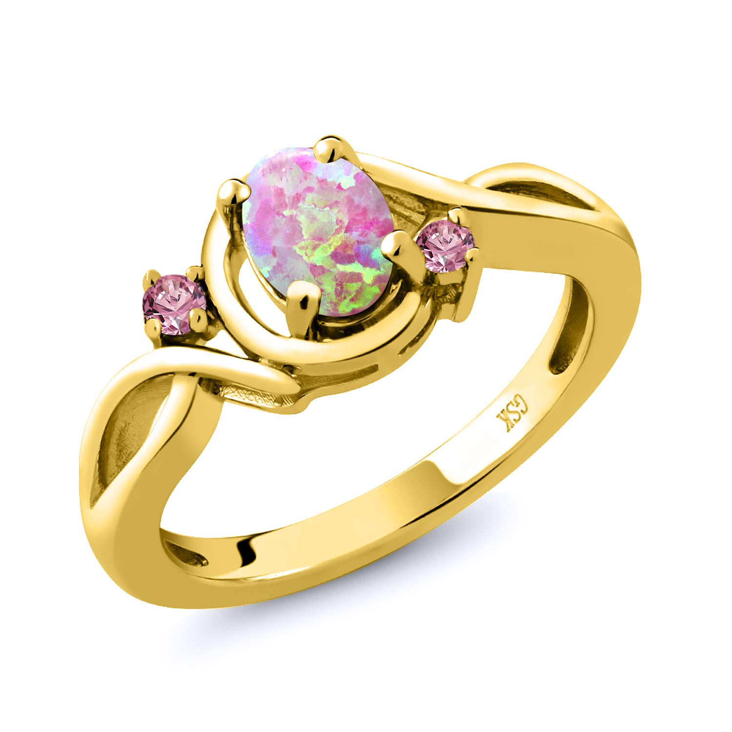 0.71 Ct Oval Pink Simulated Opal & Lab-Grown Diamond Ring - 18K Yellow Gold Plated Sterling Silver - Elegant Jewelry for Women, Perfect for Weddings, Anniversaries & Special Occasions
