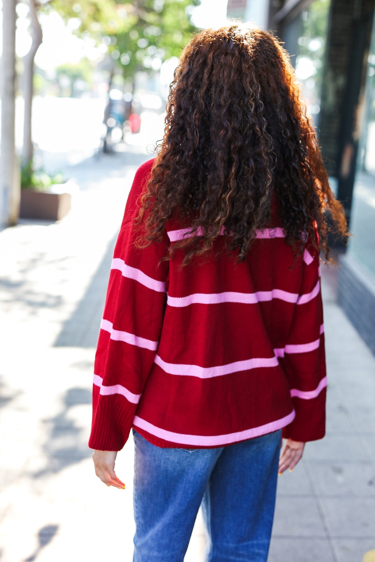 Fall For You Crimson Stripe Notched Neck Collared Oversized Sweater - Women's Cozy Knit Pullover for Autumn & Winter | Perfect for Casual Outfits, Date Nights & Holiday Gatherings