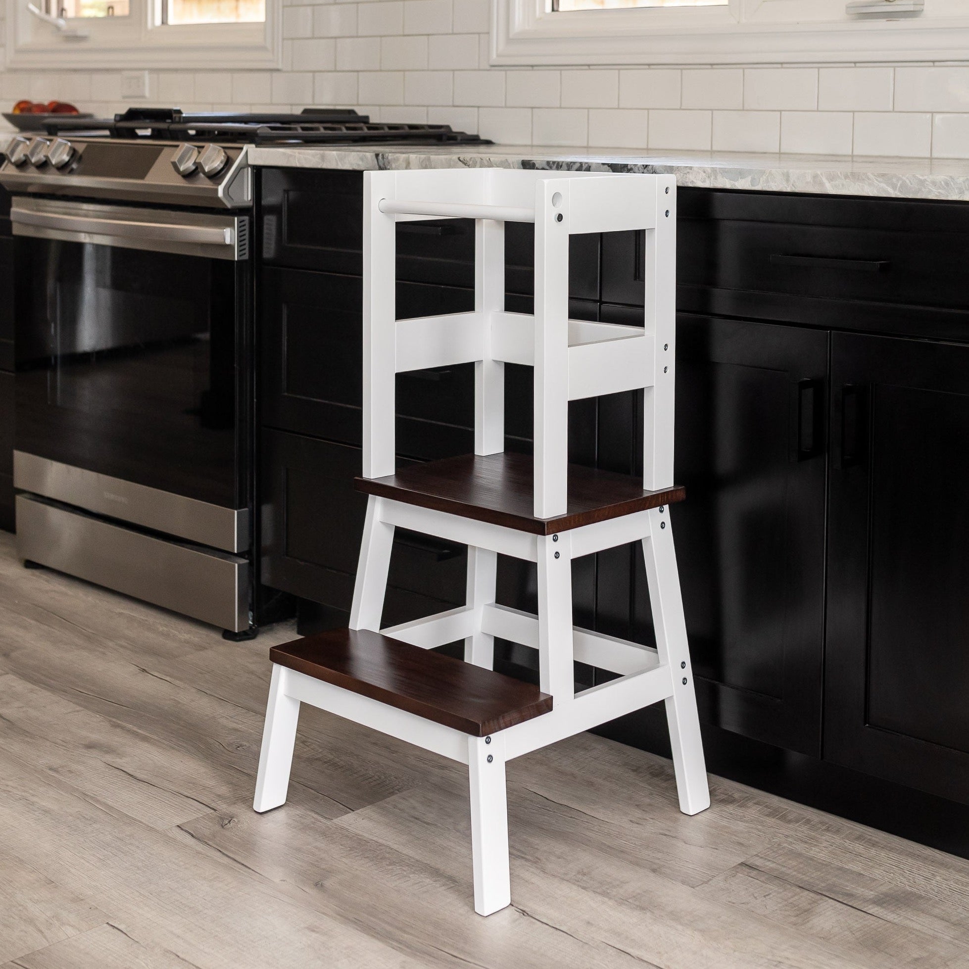 Montessori Learning Tower for Toddlers - Adjustable Wooden Step Stool with Safety Rails - Walnut & White Finish - Perfect for Kitchen, Baking, and Playtime