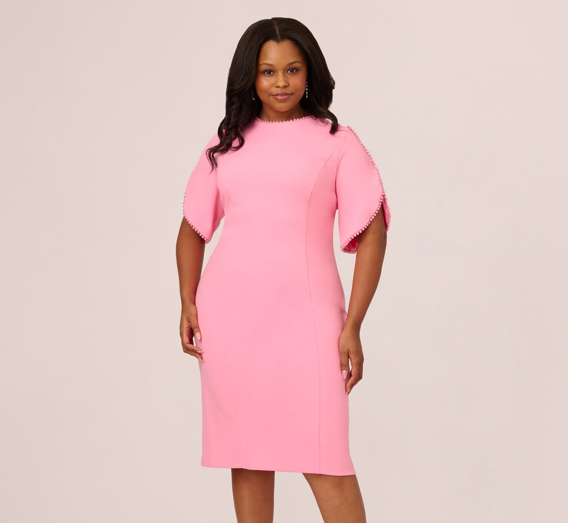 Plus Size Crepe Midi Sheath Dress with Pearl Trim Sleeves - Floral Cherry Blossom Print for Women | Perfect for Weddings, Parties & Office Wear