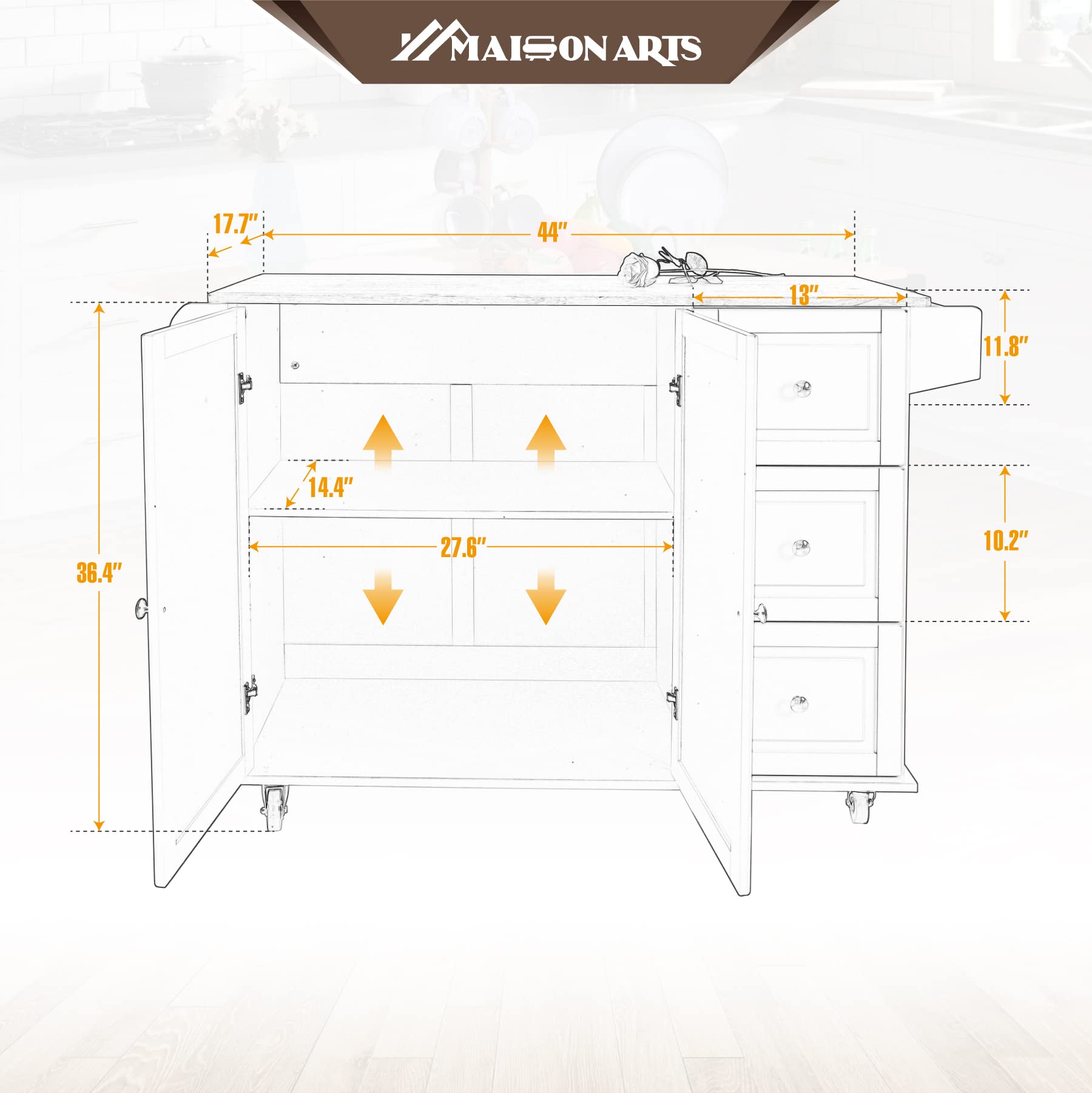 MAISON ARTS Rolling Kitchen Island Cart with Drop Leaf, 3 Drawers, Spice & Towel Rack - Mobile Storage Cabinet with Rubber Wood Countertop for Small Kitchen, Dining Room or Pantry Organization (Black) - Perfect for Extra Prep Space, Entertaining Guests & Compact Kitchen Storage