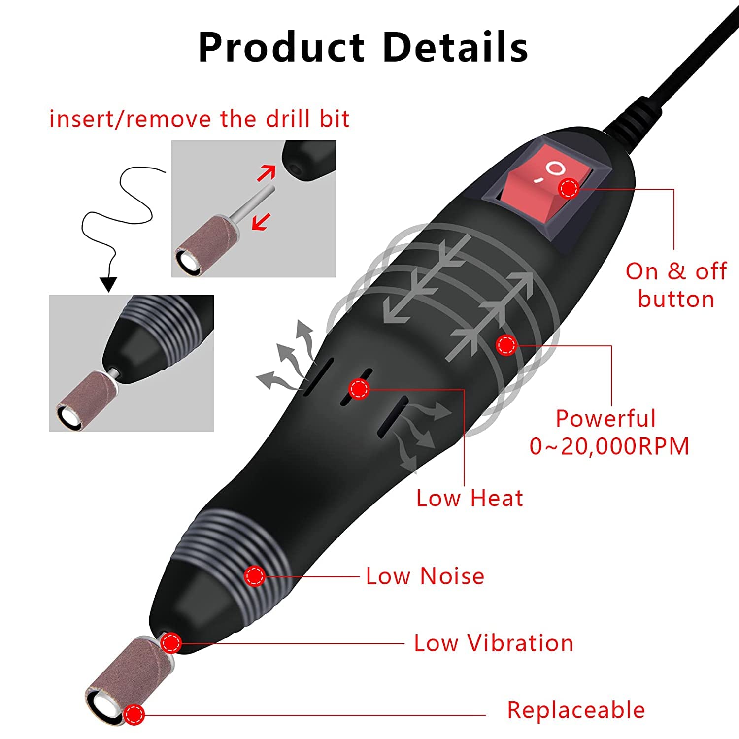 Professional Electric Nail Drill Machine Kit - Low Noise Manicure & Pedicure Tool with Sanding Bands for Acrylic Nails, Gel Polish Removal, Nail Art & Glazing - Perfect for Salon & Home Nail Care (Multicolor)