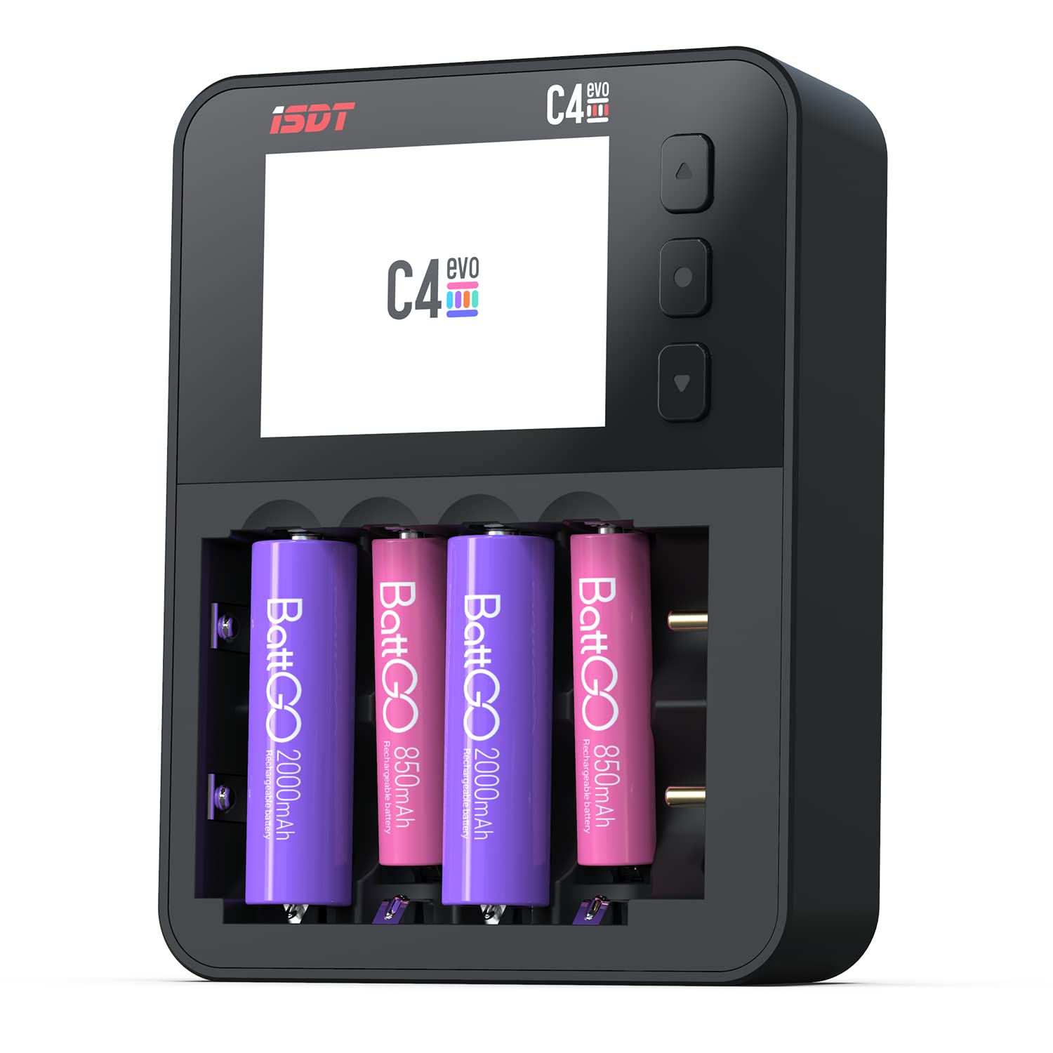 ISDT C4 EVO 6-Bay Smart Battery Charger for AA/AAA Li-ion NiMH Rechargeable Batteries - Fast Type-C QC3.0 Charging with LCD Display | Home Use, Travel, Emergency Power Supply, RC Toys, Flashlights