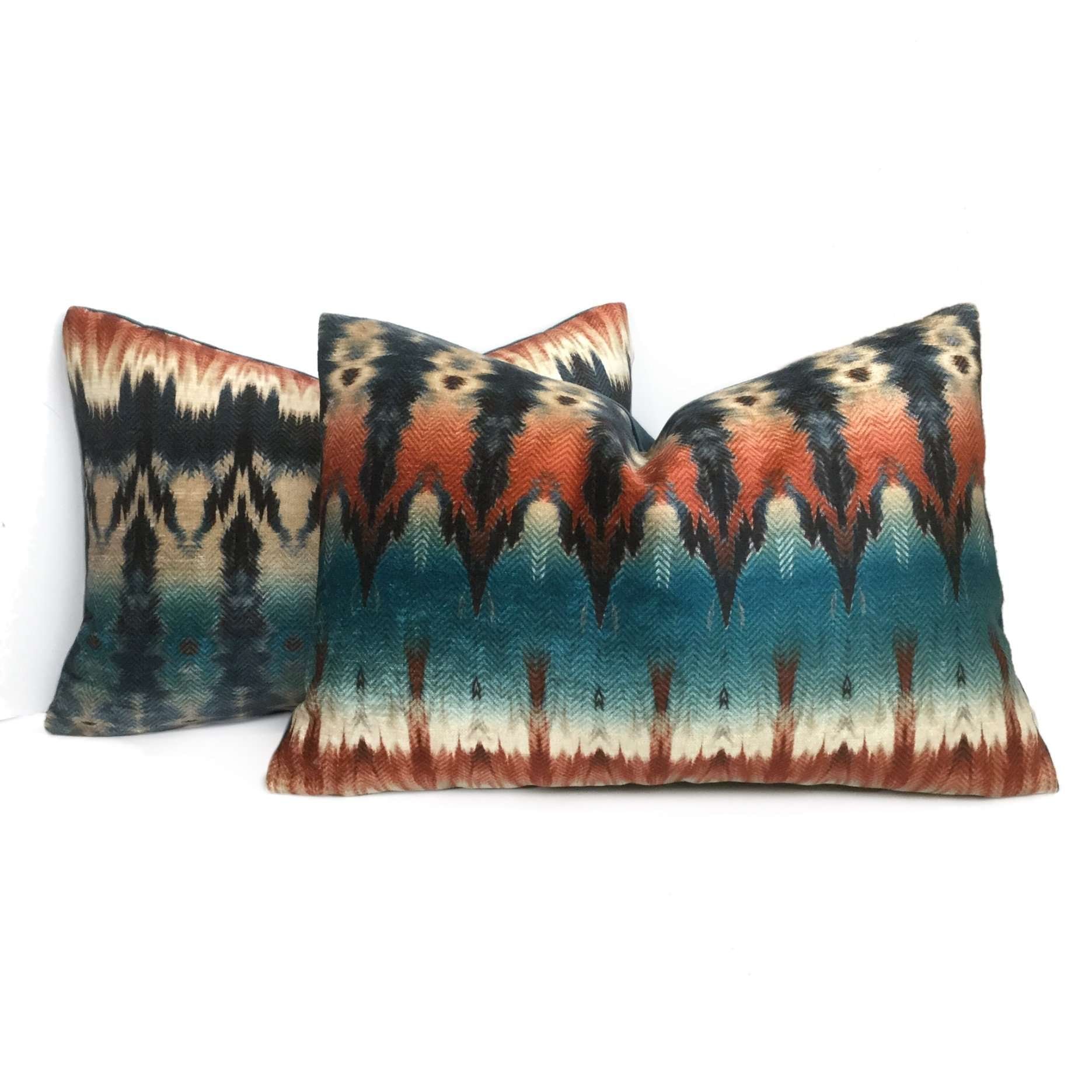 Meza Southwest Blue Rust Cream Velveteen Pillow Cover - Soft Decorative Throw Pillow Case for Couch, Bed & Home Decor - Boho Chic Living Room & Bedroom Accent