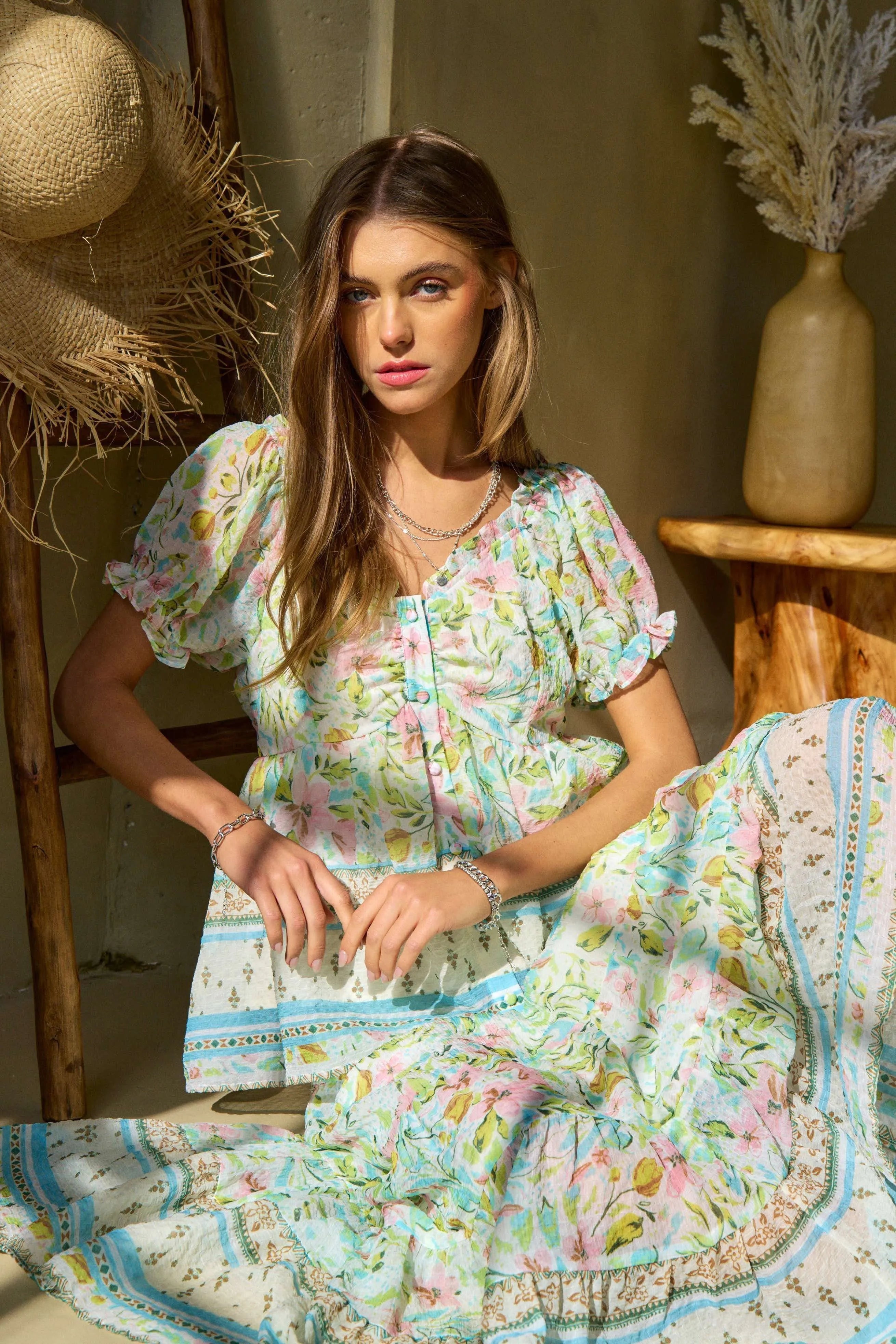 Spring Floral Print Elastic Ruffled Skirt for Women - Comfortable Stretchy Waistband A-Line Midi Skirt for Casual Outings, Beach Vacations & Spring Fashion