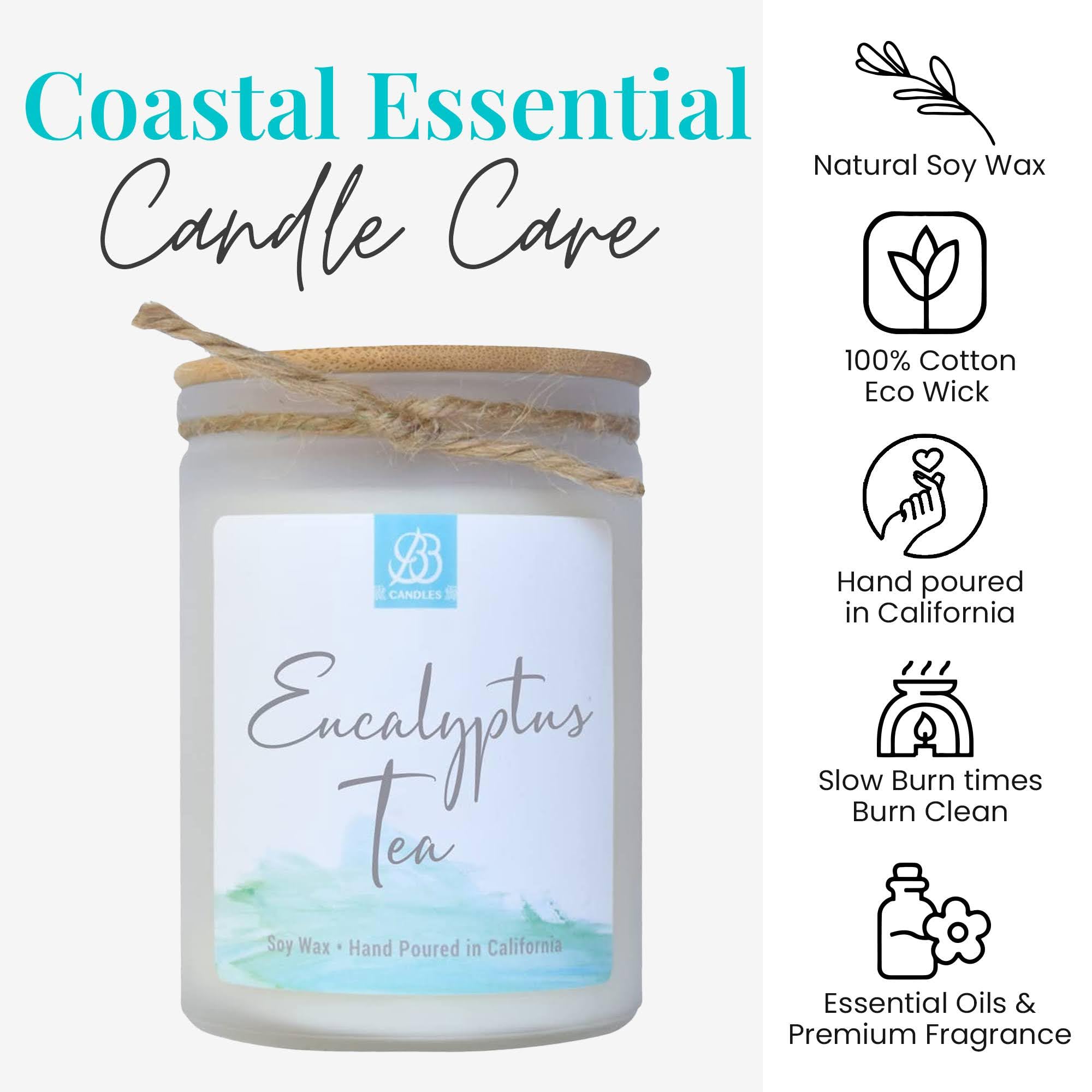 Natural Soy Hand-Poured Coastal Candle - Eucalyptus Tea Scent | 12oz Artisan Candle with 90+ Hours Burn Time | Strong Fragrance for Home, Spa & Relaxation