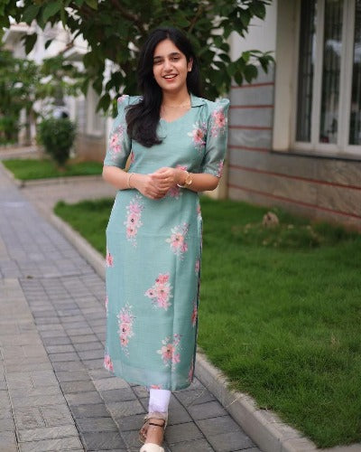 Sea Green Organza Digital Floral Print Kurti - 1 Piece Women's Indian Tunic Top - UK Next Day Delivery - Perfect for Festivals, Weddings & Casual Wear