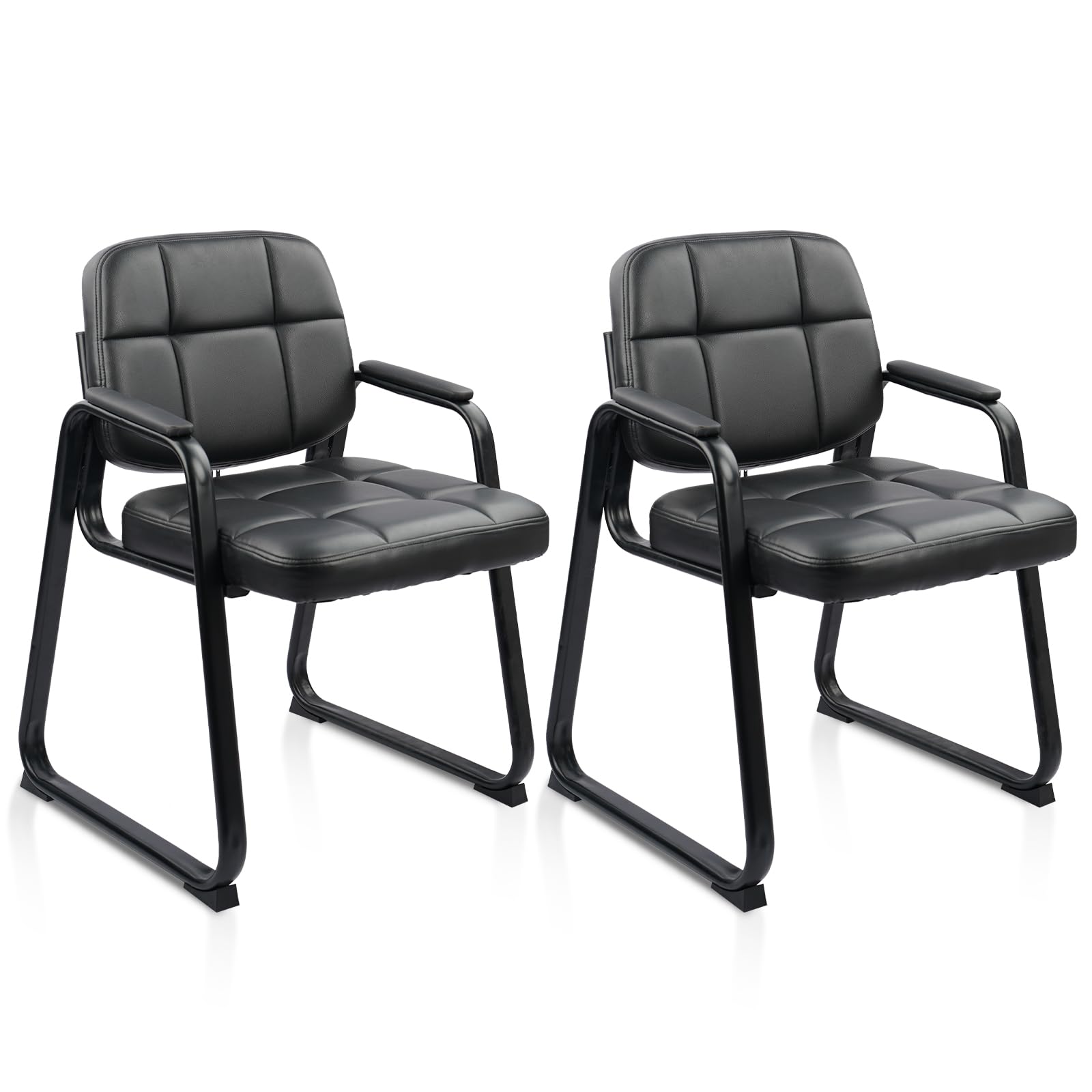 CLATINA 2-Pack Black Waiting Room Guest Chairs with Bonded Leather Padded Armrests - Office Reception, Conference Room & Lobby Seating - Comfortable Sled Base Chairs for Professional Spaces