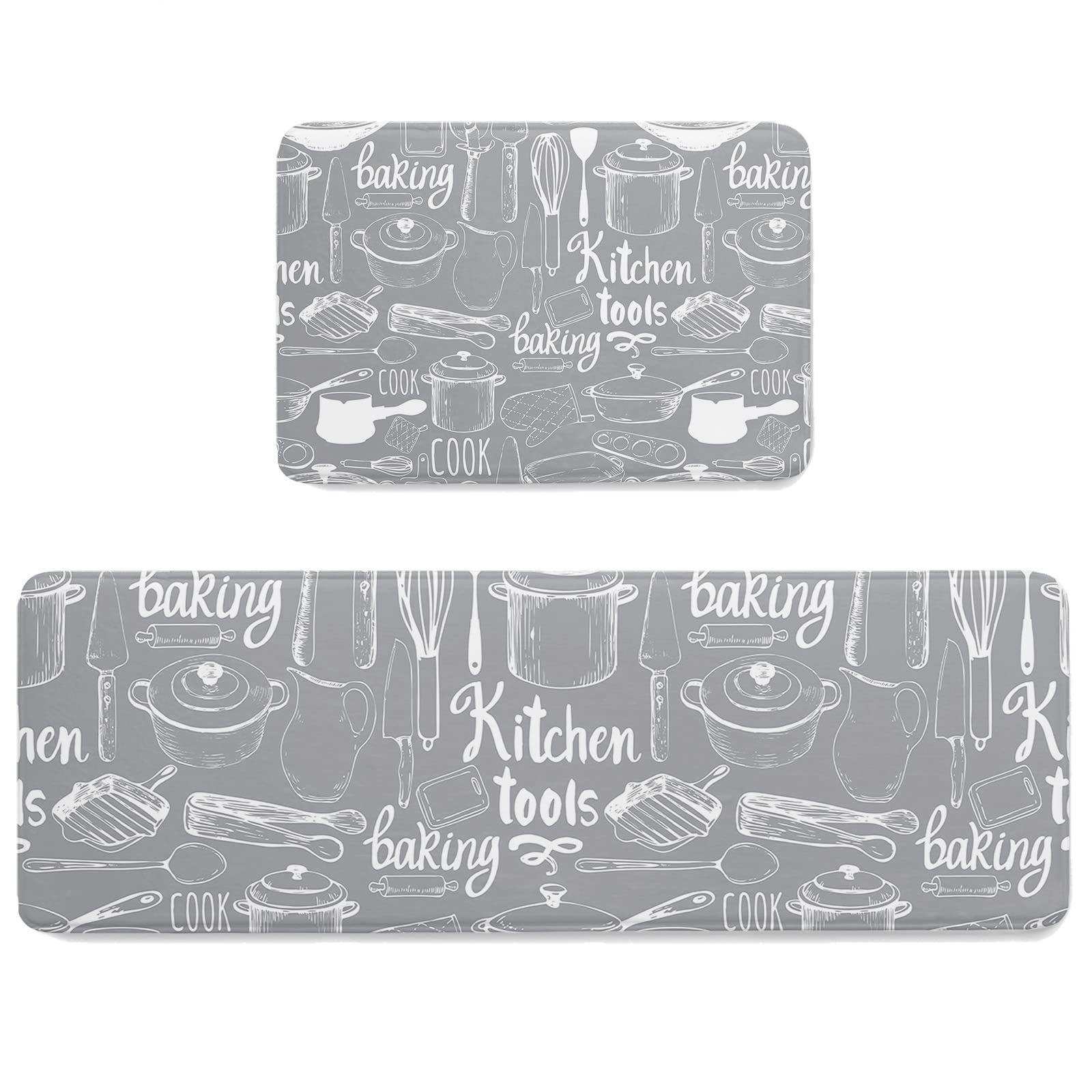 2-Piece Non-Slip Kitchen Rug Set - Water Absorbent Anti-Fatigue Mats with Baking Tools Design for Cooking & Baking - Soft Cushioned Standing Mats for Kitchen, Bathroom & Laundry Room - Perfect for Food Prep Areas, Sink Stations & High-Traffic Zones