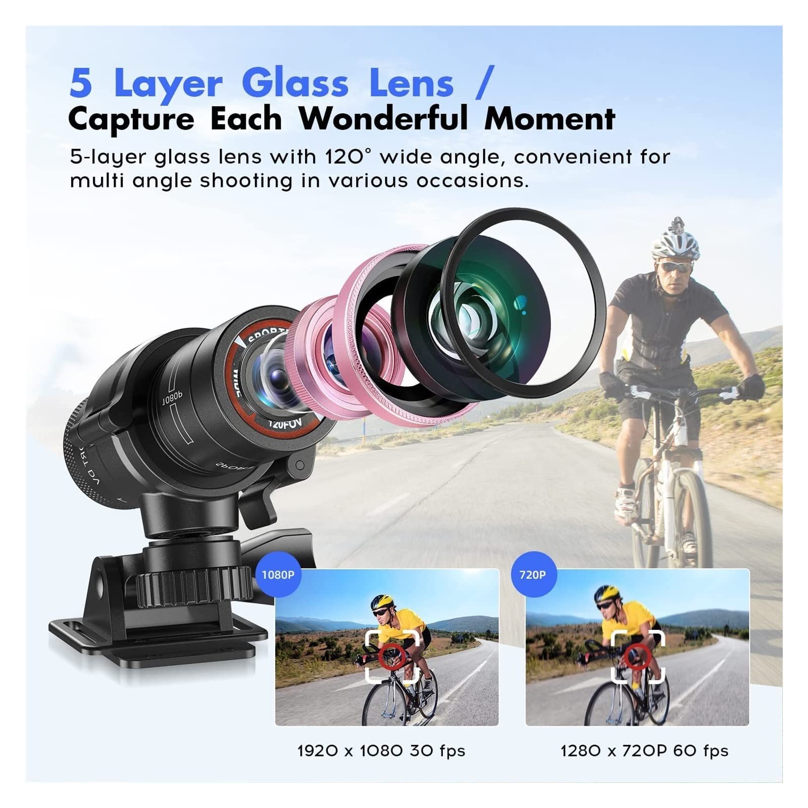 BODORME F9 HD 1080P Action Camera - Helmet & Bike Mount for Outdoor Sports