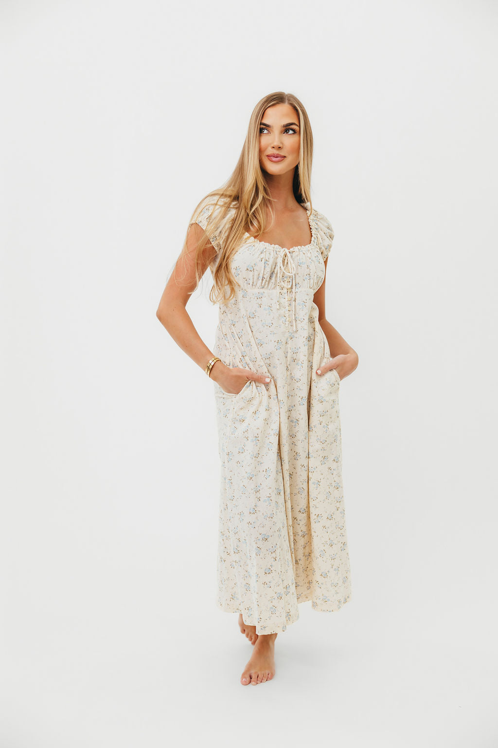 Marley 100% Cotton Midi Dress - Ivory & Blue Floral Print - Bump Friendly Maternity Dress - Perfect for Pregnancy, Baby Showers & Summer Outfits