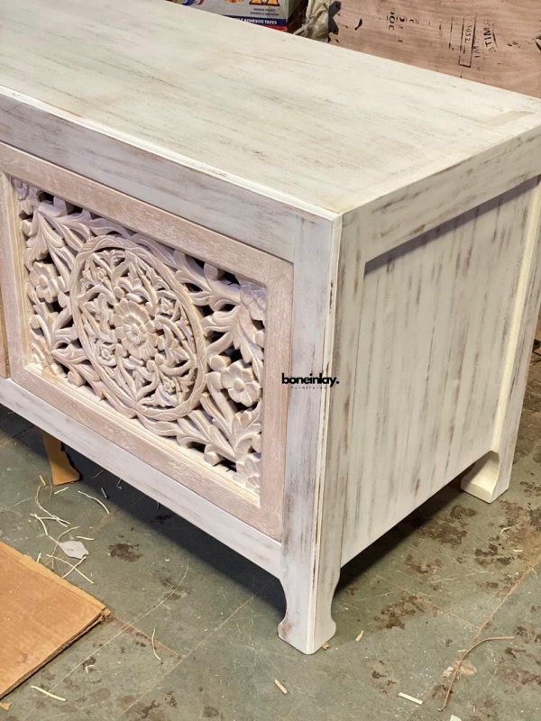 Hand Carved Floral Wooden Media Console - Rustic TV Stand with Storage Shelves for Living Room, Bedroom & Home Theater Decor