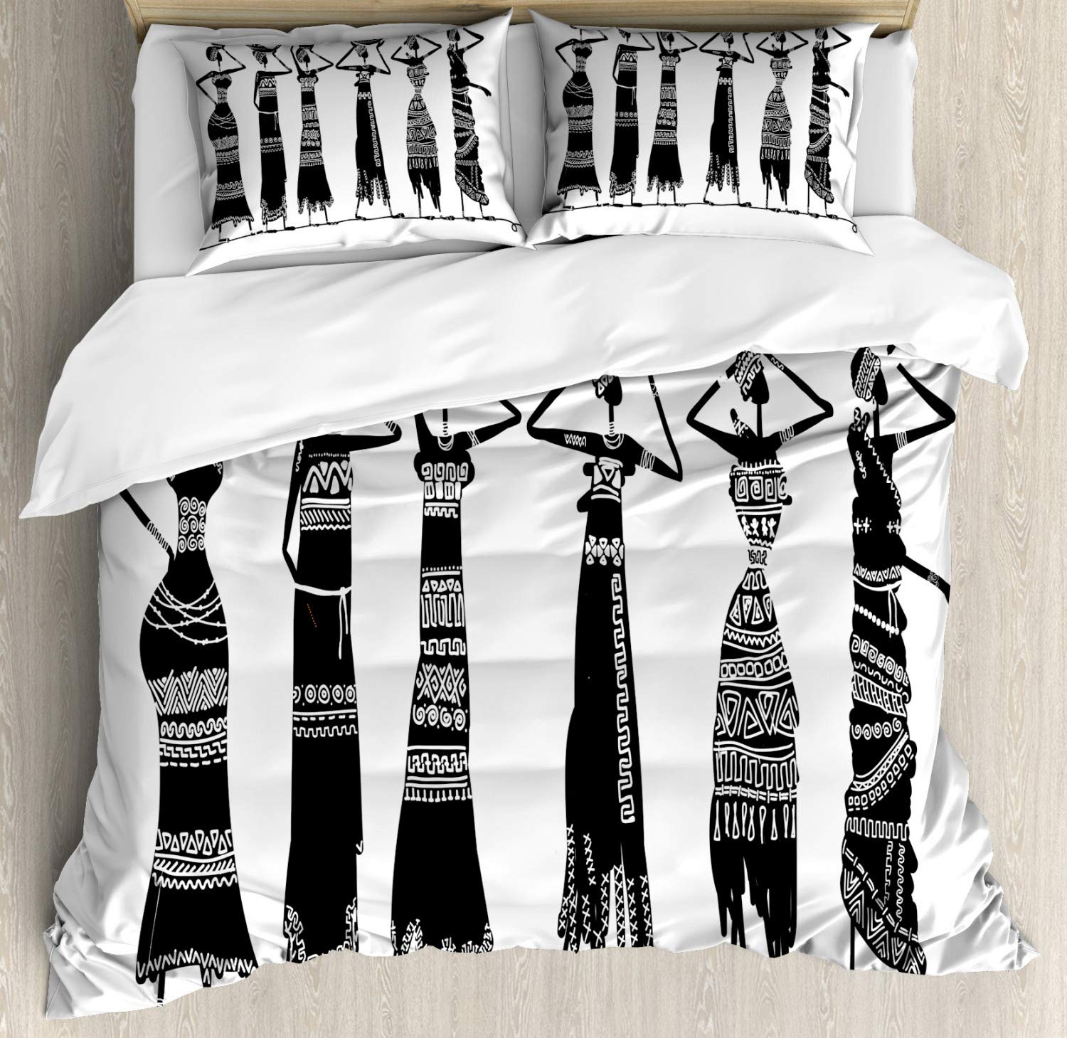 Ambesonne African Duvet Cover Set - Sketch of Local Women with Jugs & Silhouette Dresses Pattern, 2-Pack California King Size Bedding Set (2 Duvet Covers + 4 Pillowcases) in Charcoal & White - Perfect for Boho Chic, Ethnic & Tribal Themed Bedrooms