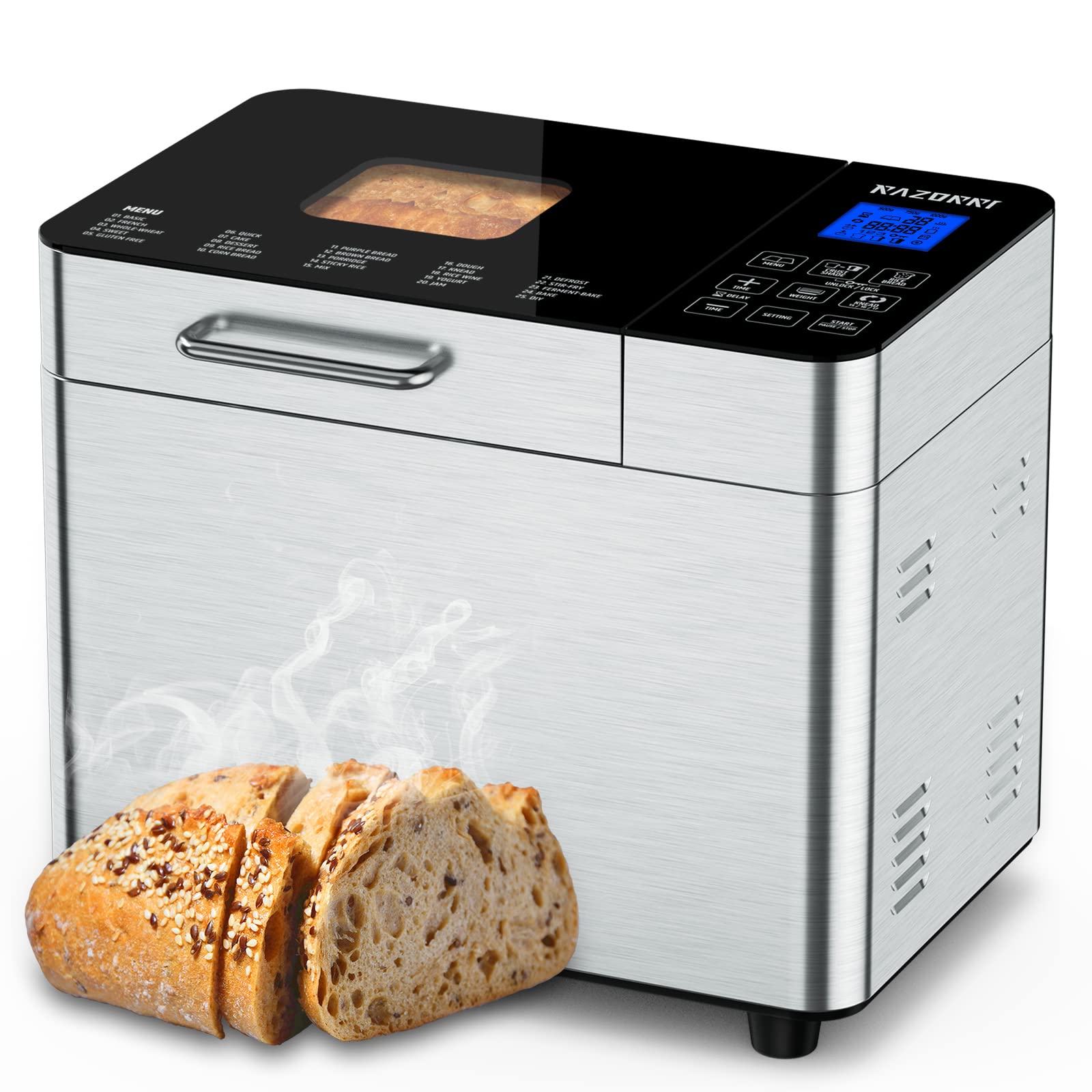 Razorri 2Lbs Bread Maker Machine - Stainless Steel, UL Certified, Nonstick Bread Pan, Gluten-Free Setting | 15H Delay Timer, 1H Keep Warm, 3 Crust Colors & Loaf Sizes | Perfect for Homemade Bread, Artisan Loaves, Gluten-Free Baking & Family Breakfasts