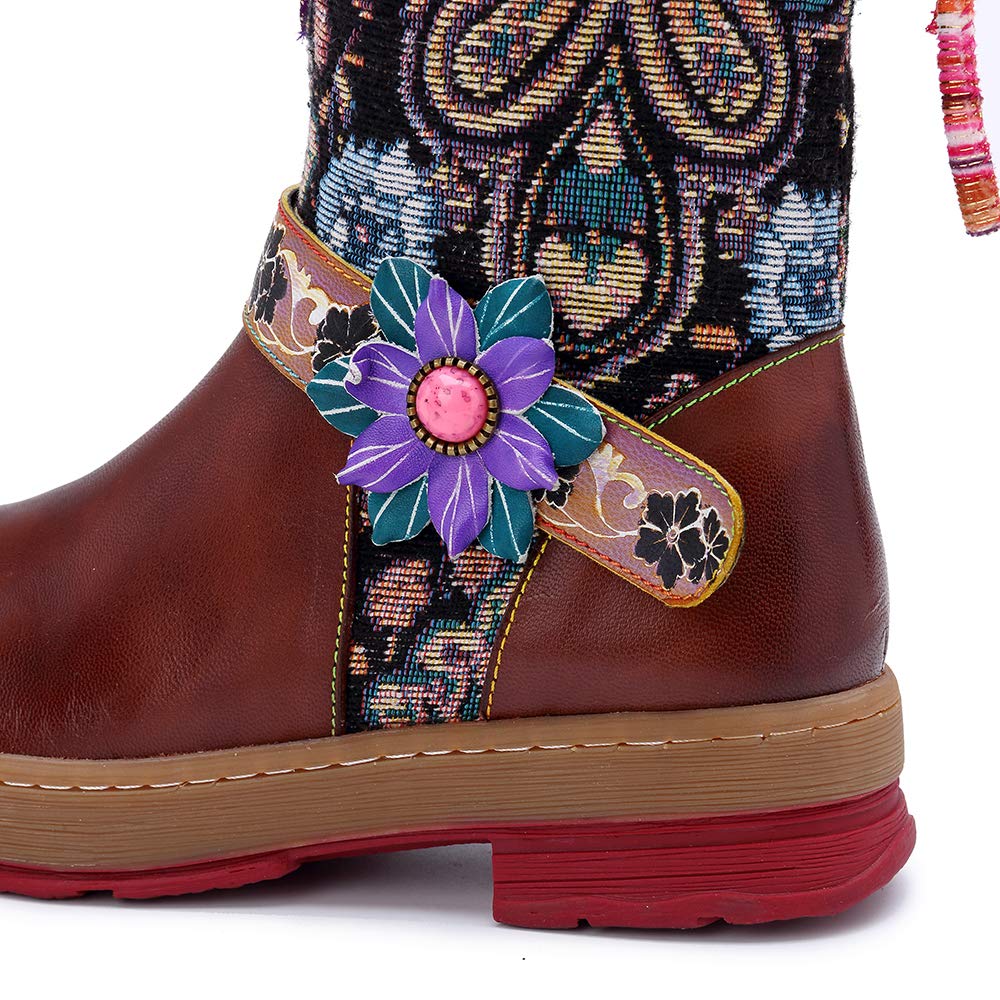 CrazycatZ Women's Leather Bohemian Knee High Boots with Block Heel - Exotic Pattern Tall Booties for Fall Fashion, Boho Outfits & Party Wear