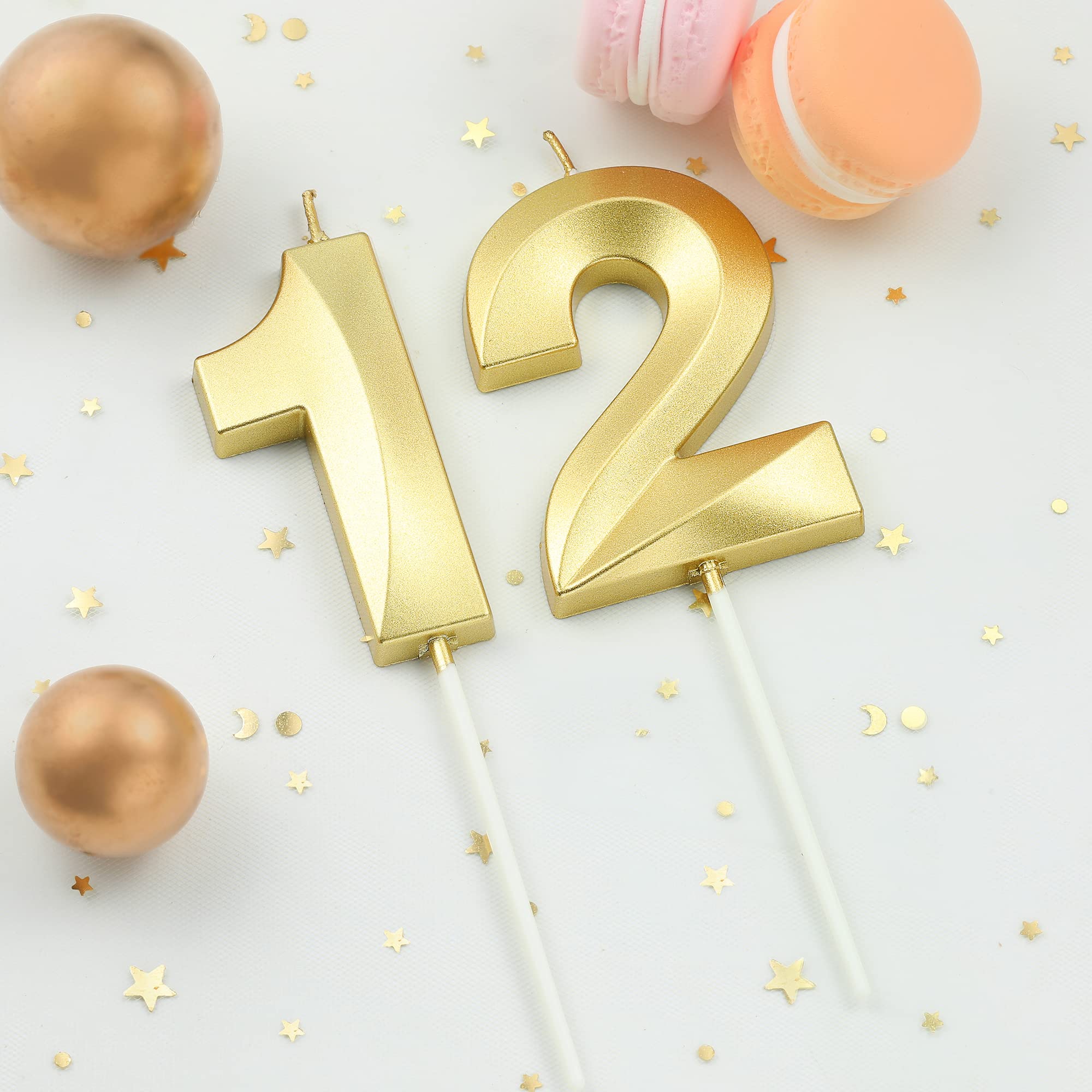 2.76 Inch Gold Number Birthday Candles with Diamonds - Set of 12 Elegant Cake Candles for Anniversary, Wedding & Party Celebrations - Perfect for Birthday Cakes, Cupcakes and Dessert Decorations