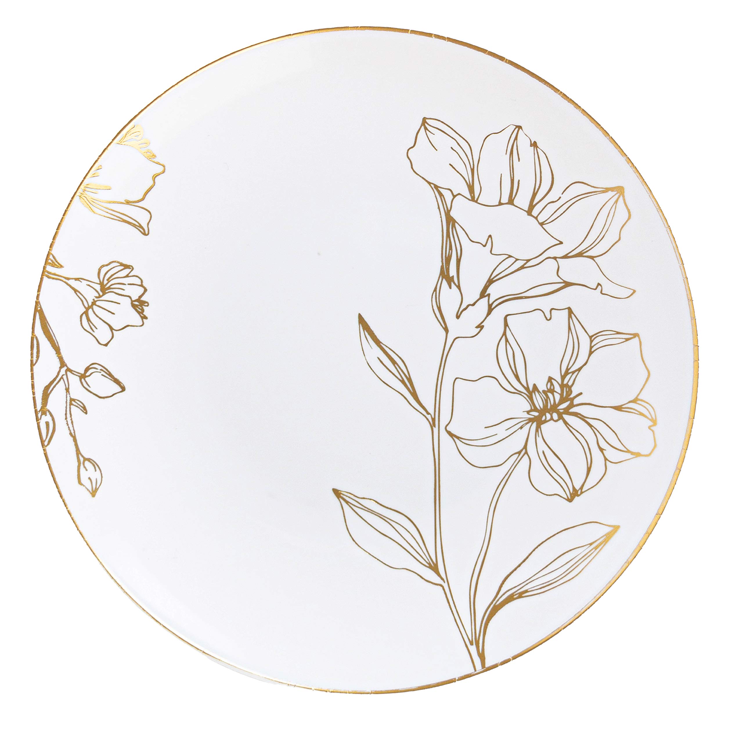 6 Inch White Plastic Floral Design Party Plates with Gold Rim - 20 Count Heavyweight Elegant Disposable Tableware for Weddings, Birthdays & Special Events
