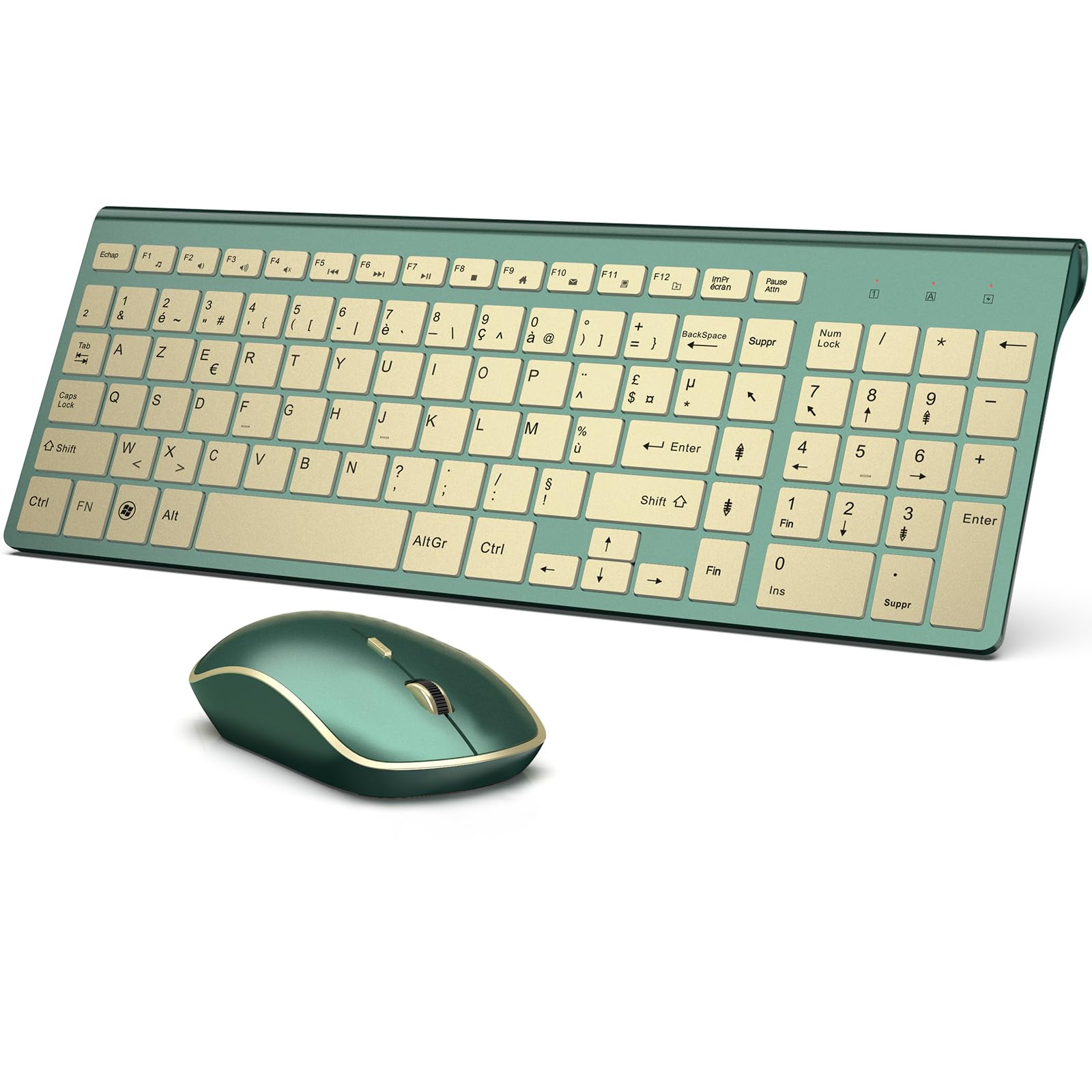 JOYACCESS Wireless Keyboard and Mouse Combo, 2.4GHz Ultra-Thin Compact Design, Silent 2400 DPI Ergonomic Keyboard Mouse Set for PC, Laptop, Smart TV, Home Office (Azerty Layout - Emerald Green) | Perfect for Work, Gaming & Entertainment
