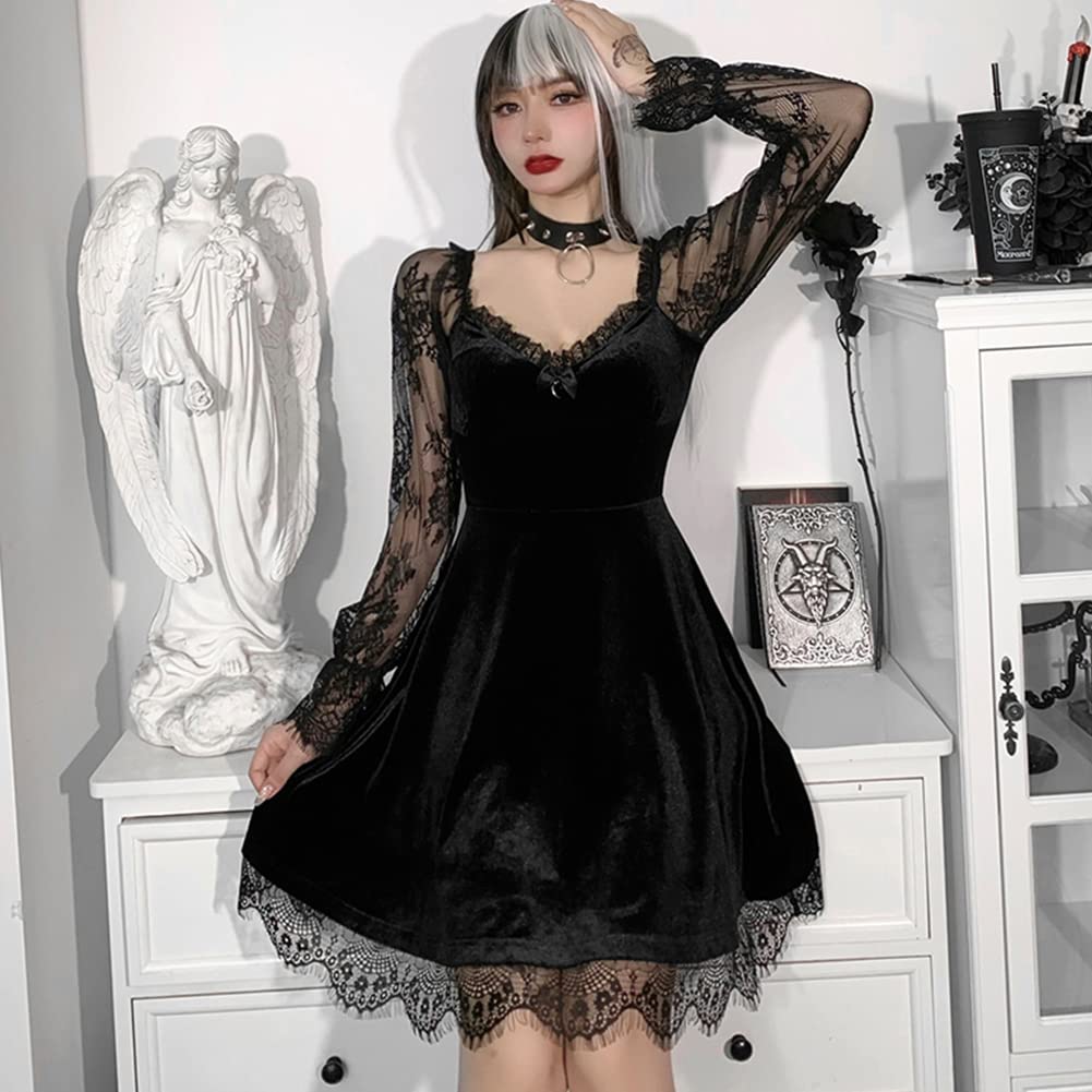 Gothic Lolita Floral Lace Long Sleeve Velvet Dress for Women - Elegant Black Suede Ruched Dress for Wedding Guest & Special Occasions