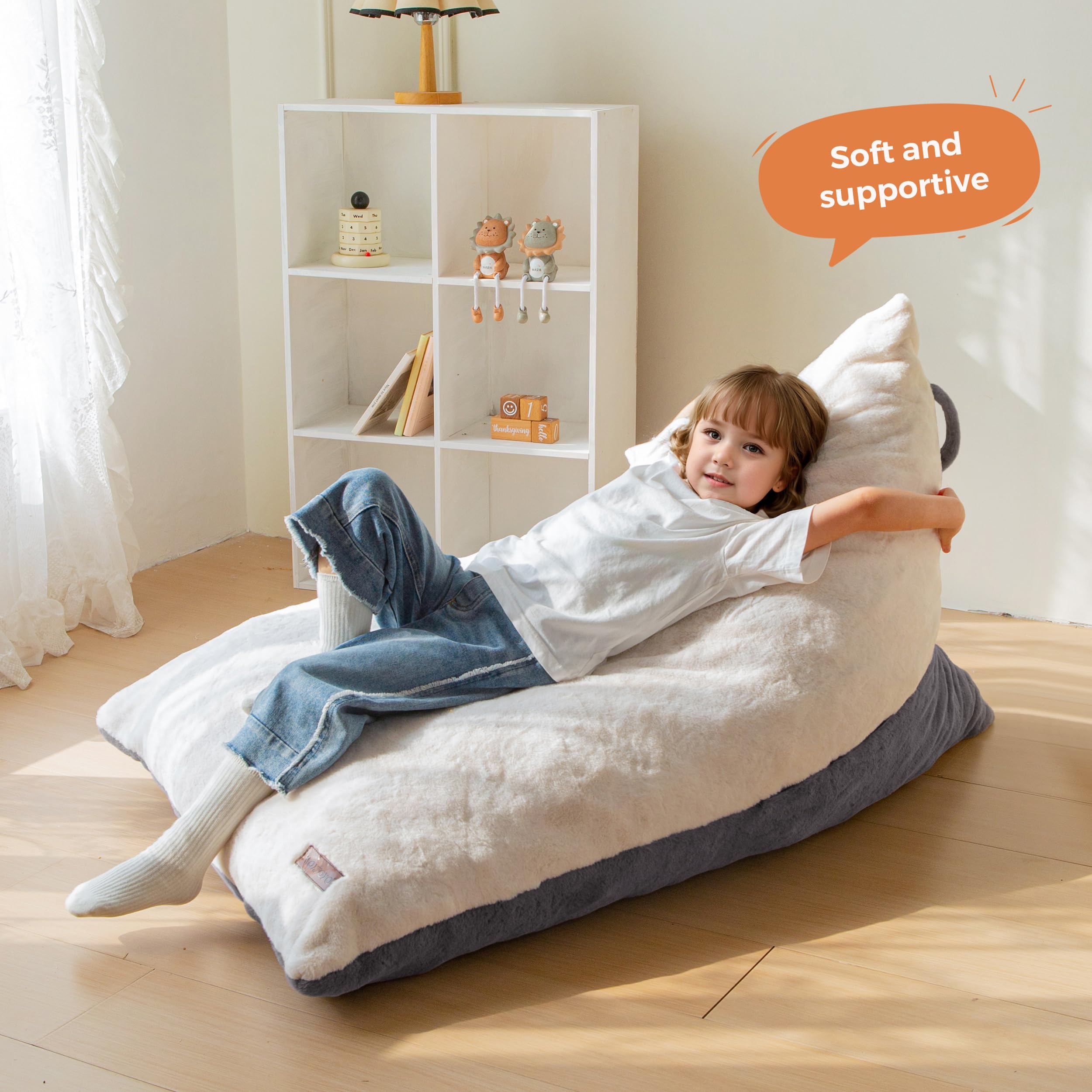 MAXYOYO Kids Bean Bag Chair with 2-Tone Handle - High-Density Foam Floor Lounger in Grey & White - Perfect for Playrooms, Bedrooms & Reading Nooks
