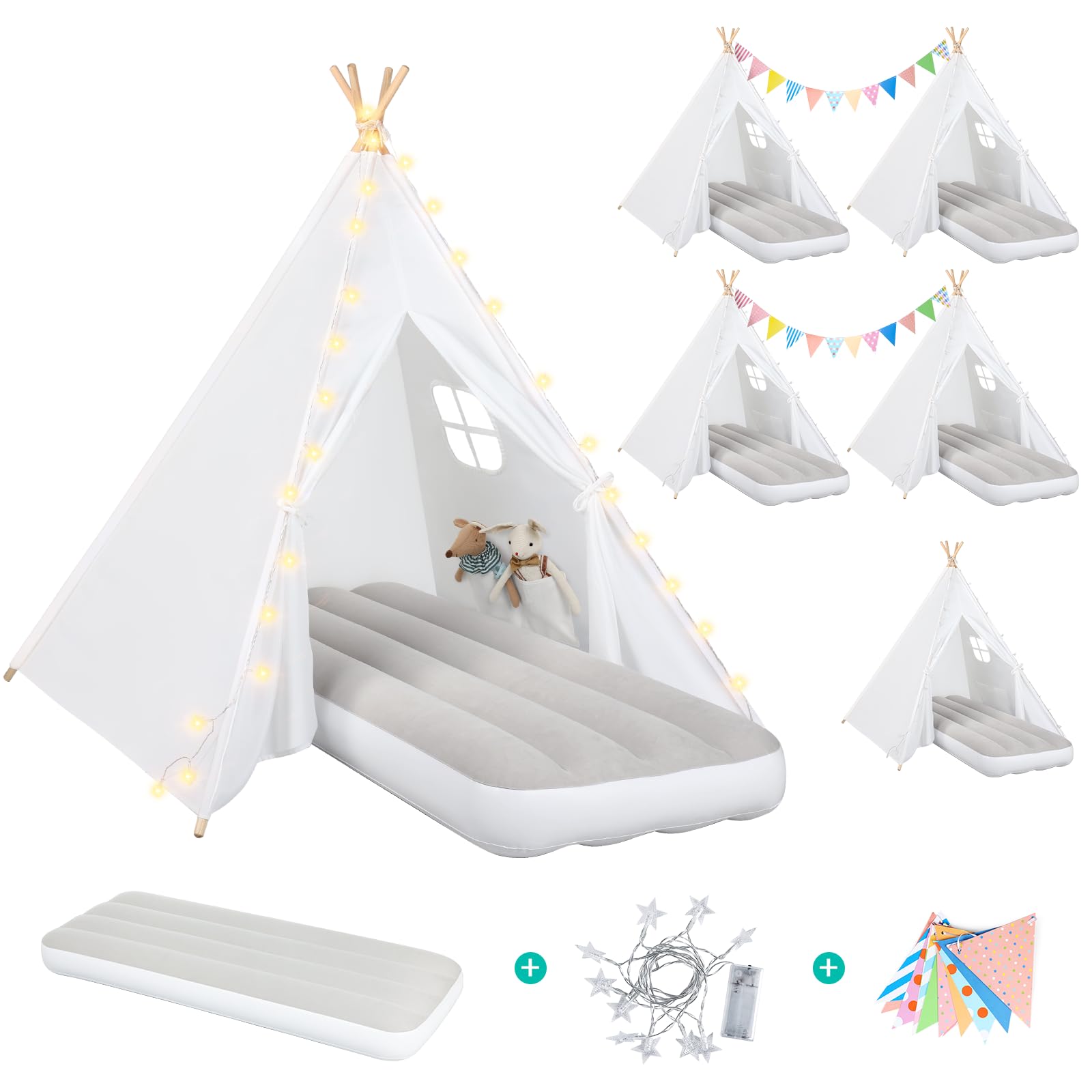 6 Pack Kids Teepee Tent with Inflatable Airbed, Star Lights & Colorful Flags - Indoor/Outdoor Play Tent for Toddlers, Girls & Boys - Perfect for Birthday Gifts, Sleepovers & Slumber Parties (White) - Great for Camping, Backyard Play & Cozy Reading Nooks