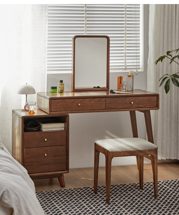 Solid Oak Wood Extendable Dressing Table - Walnut Finish | Elegant Vanity Desk for Bedroom, Makeup Station & Home Decor