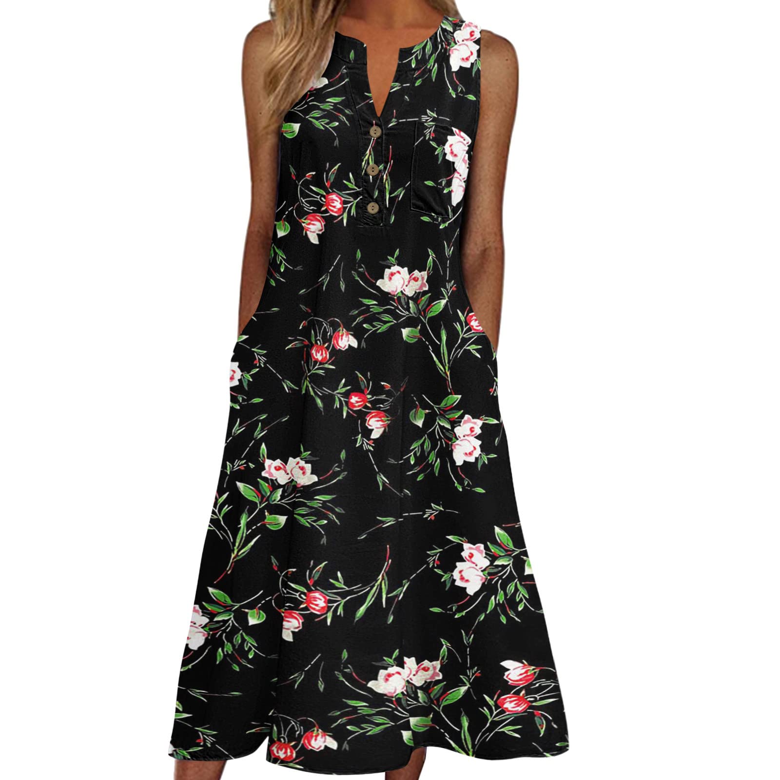 GTMANG Women's Floral Print V-Neck Sleeveless Button-Down Midi Dress - Korean Style Casual T-Shirt Dress for Summer, Date Night & Office Wear