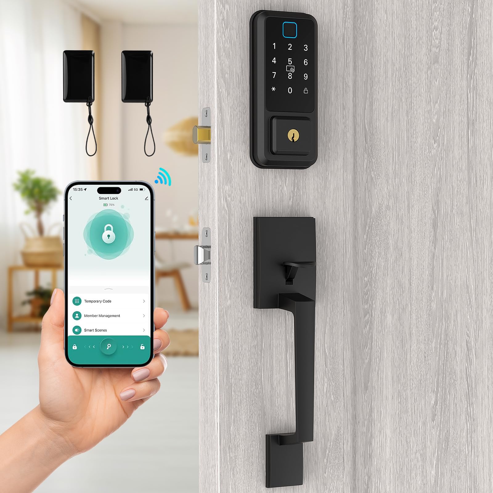 Smart WiFi Front Door Lock Set - Electronic Keypad Deadbolt with Fingerprint & Keyless Entry | Alexa Compatible Smart Lock with Handle | Ideal for Home Security & Smart Home Automation (Black)