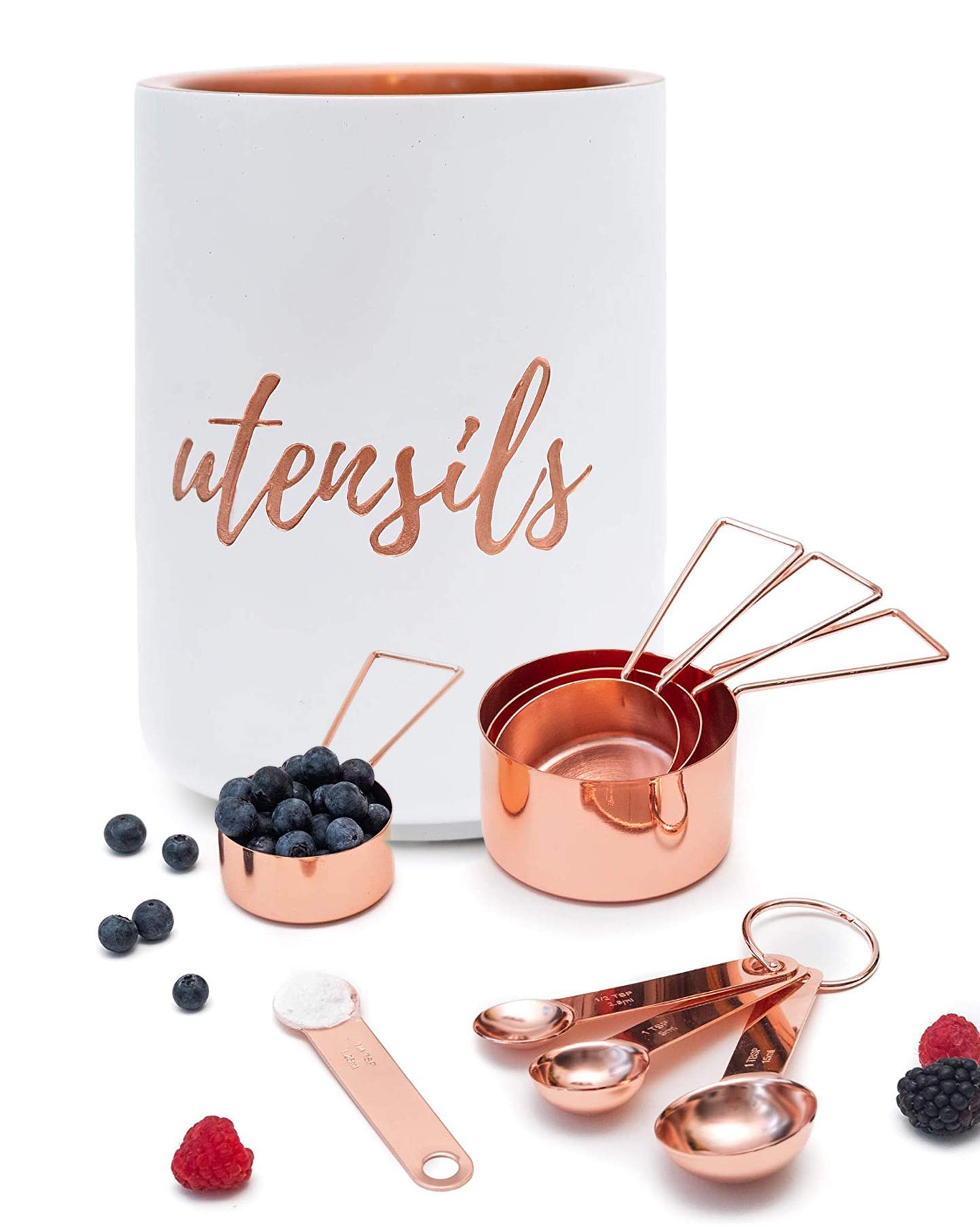White and Copper Utensil Holder with 8-Piece Measuring Cups & Spoons Set - Elegant Rose Gold Kitchen Organizer for Baking, Cooking, and Countertop Storage | Perfect for Home Chefs and Gift Giving