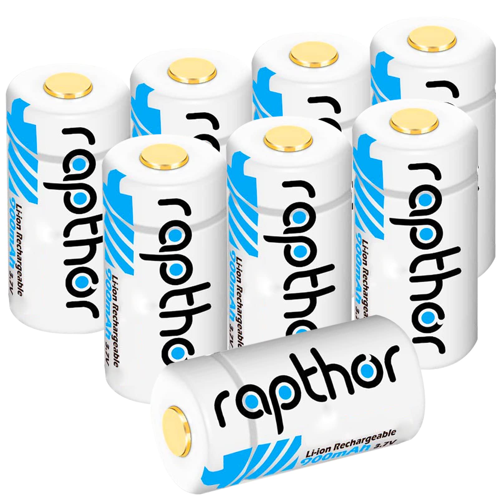 Rapthor 123A Lithium Batteries 900mAh 8 Pack - Long-Lasting Power for Arlo Wireless Cameras, Flashlights, Smart Sensors & Alarm Systems (550 Cycles) | Ideal for Home Security, Emergency Lighting & Smart Devices