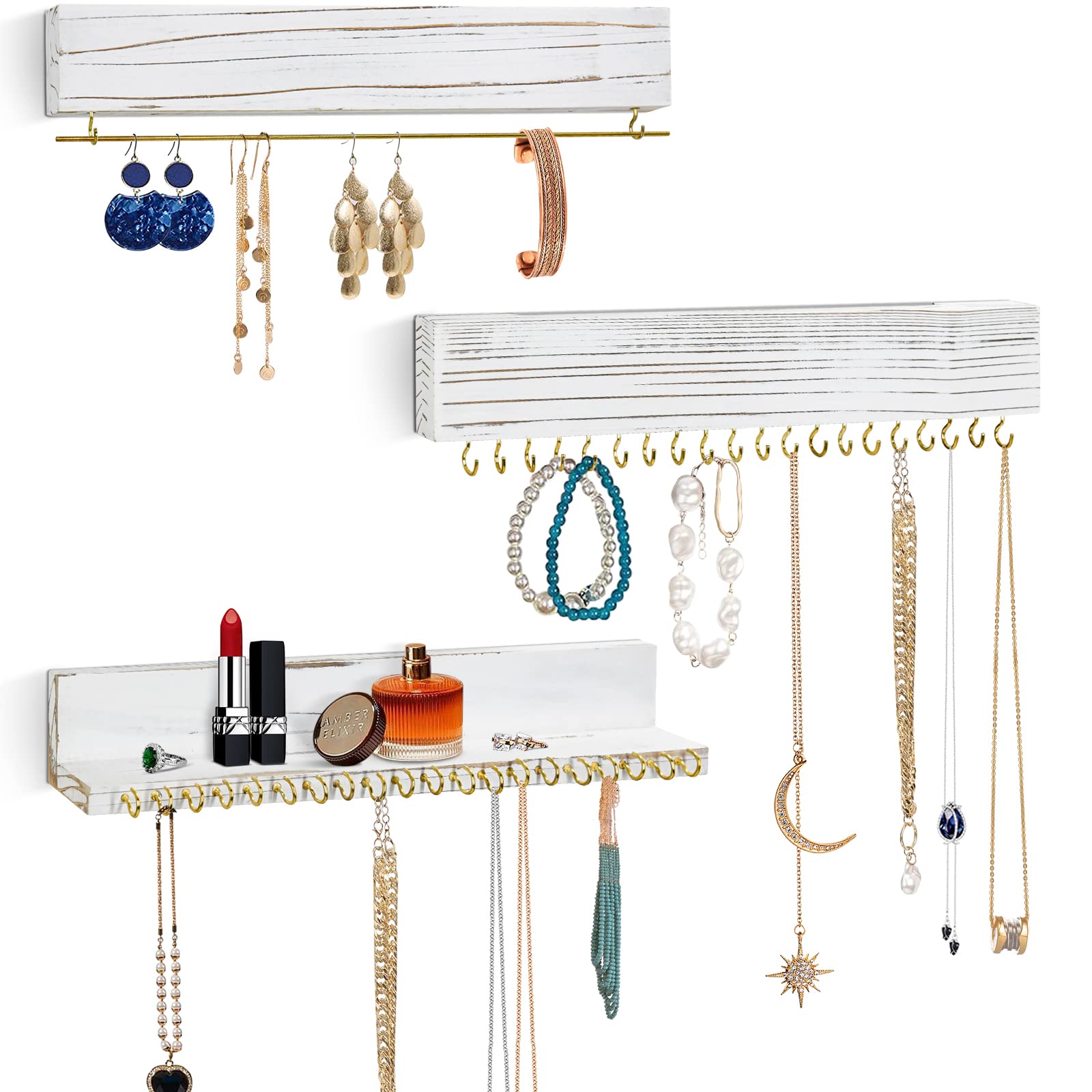 Y&ME YM Hanging Jewelry Organizer - Wall Mounted Necklace, Ring & Earring Holder with 24 Hooks & Removable Bracelet Rod | Jewelry Display & Storage for Women | Perfect for Bedroom, Closet & Travel Organization