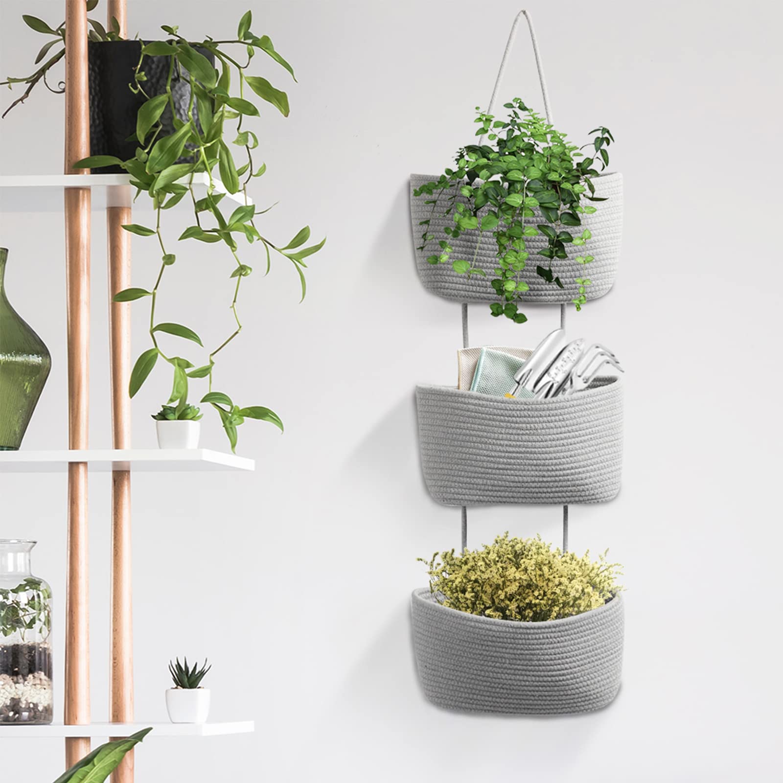 3-Tier Woven Cotton Over the Door Organizer - Gray Hanging Storage Baskets for Kitchen, Bathroom & Bedroom | Space-Saving Wall-Mounted Decorative Rope Baskets with Hooks | Perfect for Pantry Organization, Towel Storage & Small Item Clutter Control