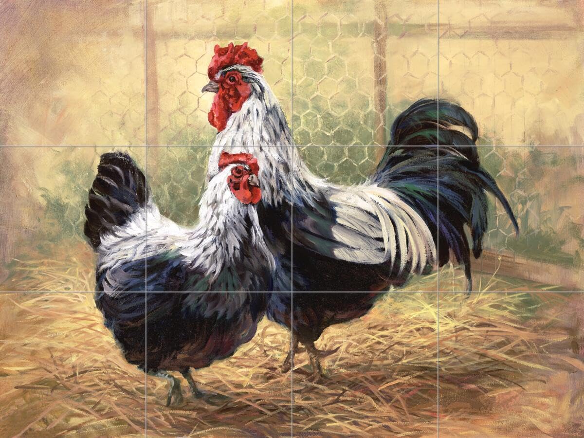 Ceramic Backsplash Tile Mural - Black Rooster and Hen Chicken Design by Laurie Snow Hein - Perfect for Kitchen & Bathroom Wall Decor