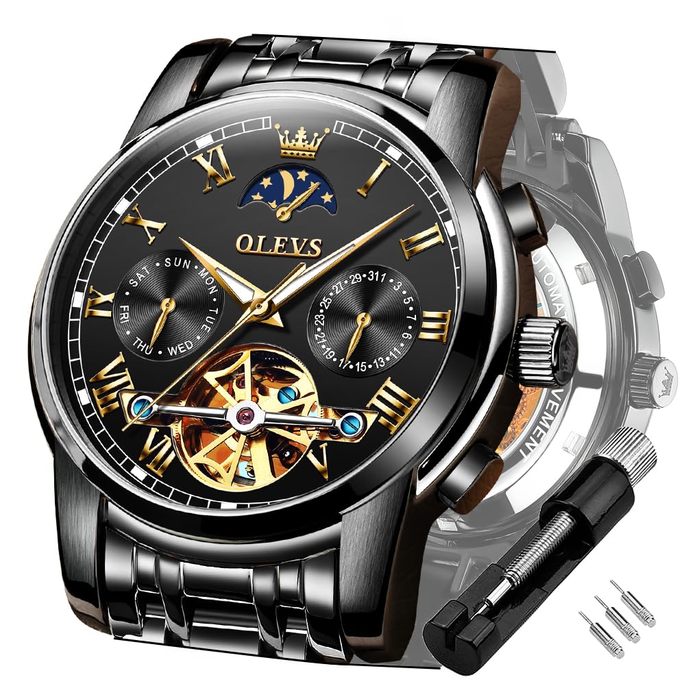 OLEVS Men's Automatic Mechanical Tourbillon Watch - Self-Winding Luxury Stainless Steel Waterproof Wristwatch with Luminous Hands & Date Display | Perfect for Business, Formal Events & Everyday Wear