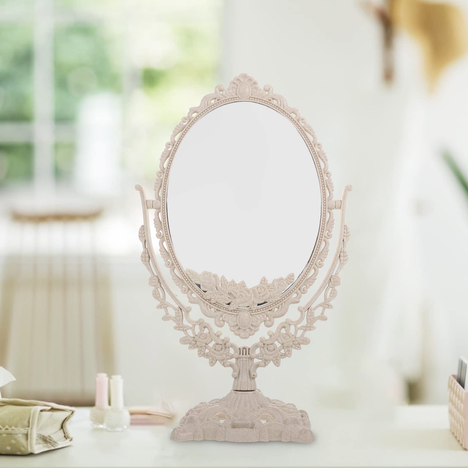 Beaupretty European Style Vanity Mirror - Double Sided Oval Makeup Mirror with Stand for Bathroom & Bedroom | Retro Tabletop Cosmetic Mirror for Makeup Application, Skincare Routine & Dressing Table Decor