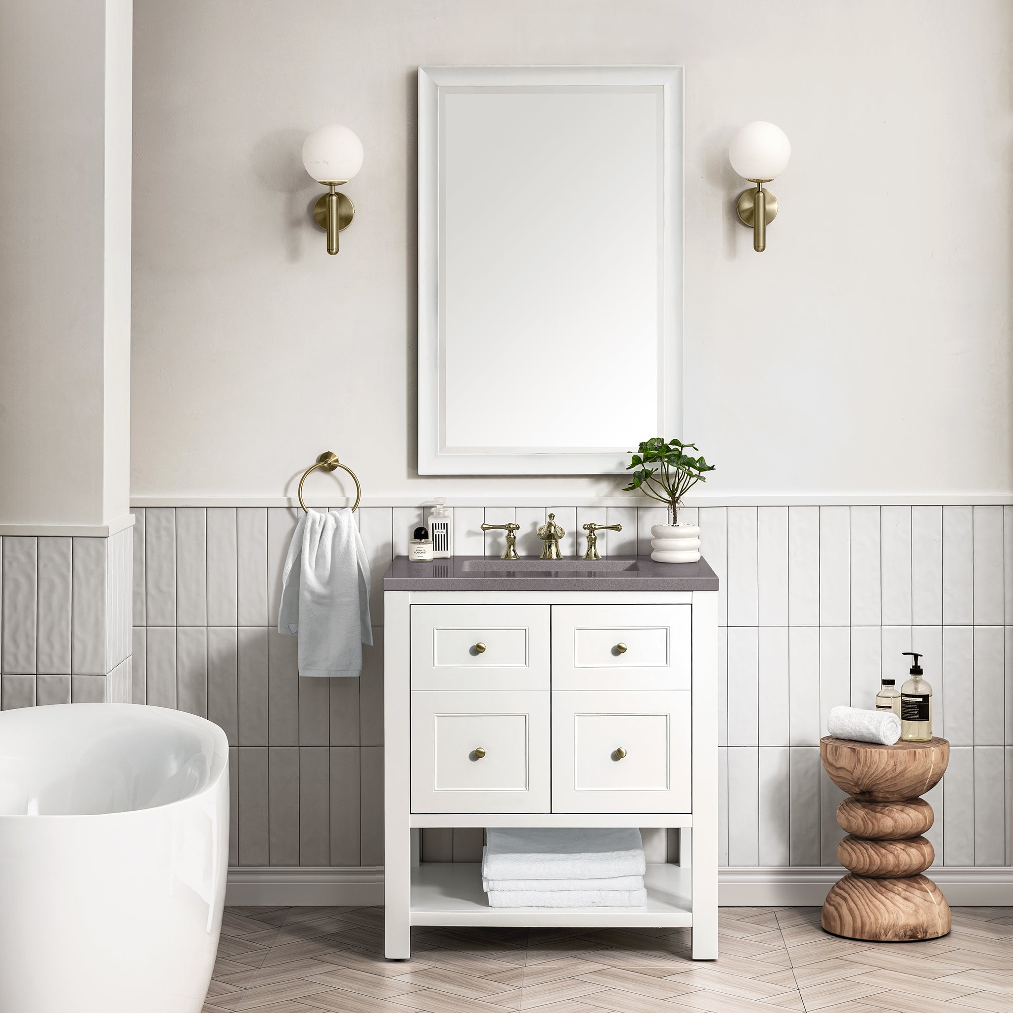 Breckenridge 30 Inch Single Bathroom Vanity Set in Bright White with 3CM Grey Expo Top - Perfect for Modern Home Bathroom Renovation and Upgrade