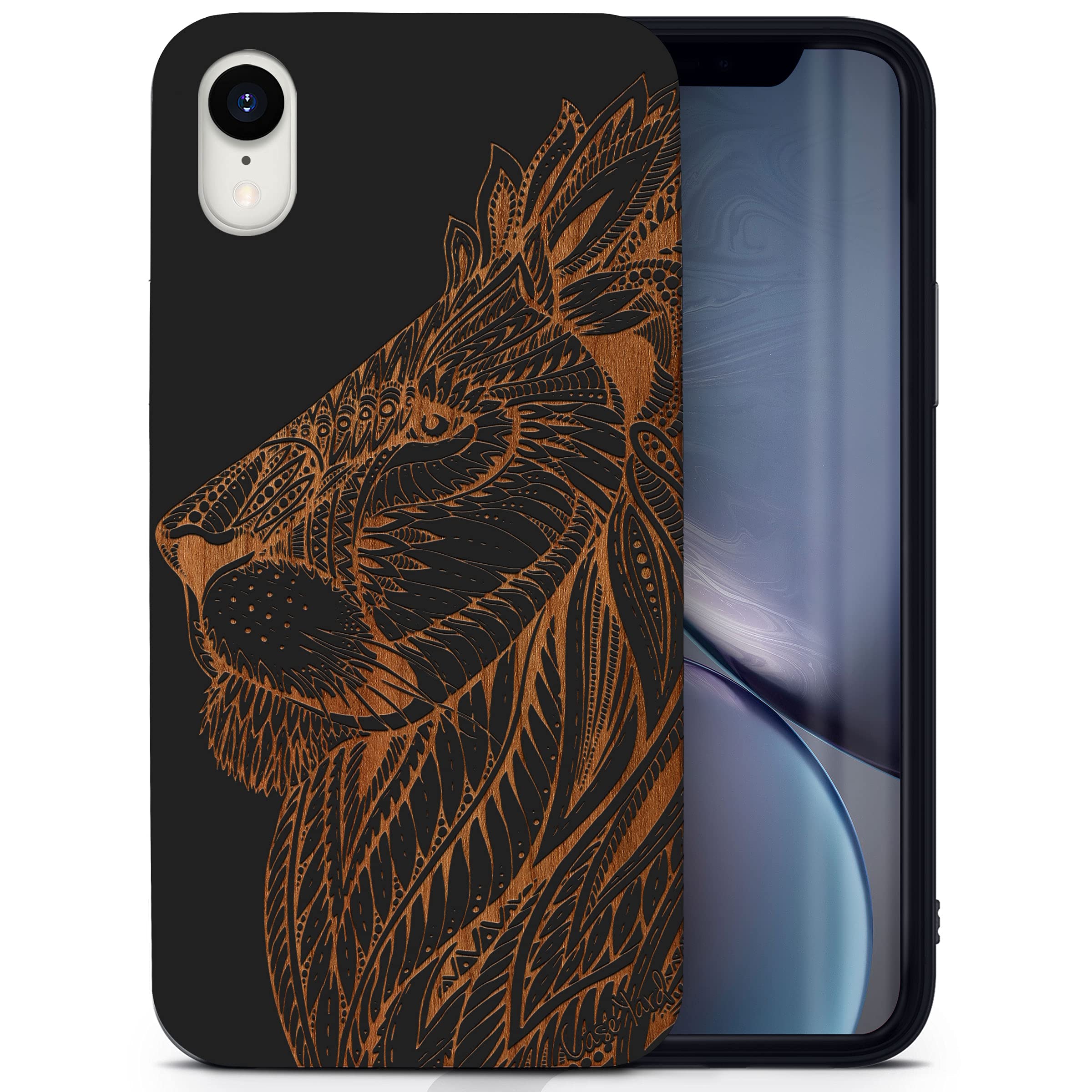 Wooden iPhone XR Case with Laser Engraved Tribal Lioness Design - Shockproof Slim Fit Protective Cover for Men & Women - Perfect for Outdoor Adventures, Travel & Daily Use