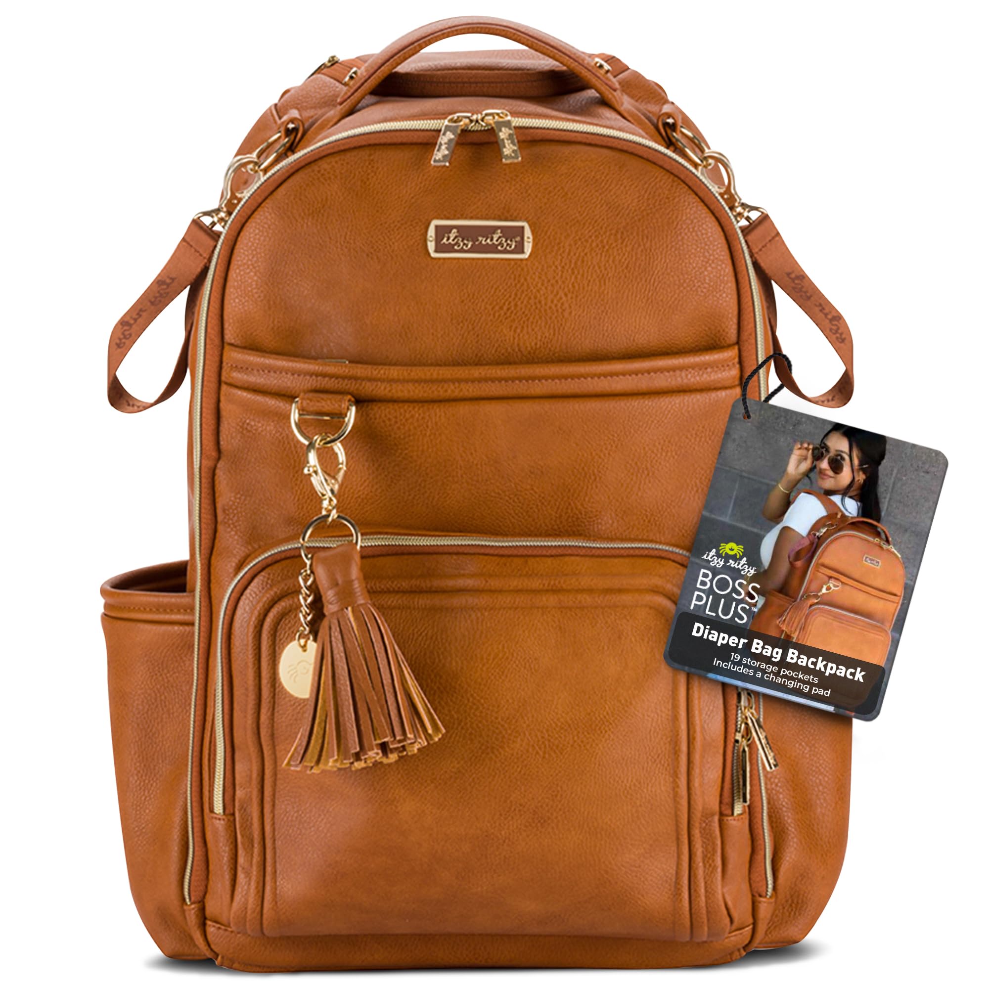 Itzy Ritzy Boss Plus Baby Diaper Backpack – Large Capacity with 19 Pockets, Changing Pad & Stroller Clips | Comfortable Shoulder Straps in Cognac | Perfect for Moms, Dads & Caregivers on the Go