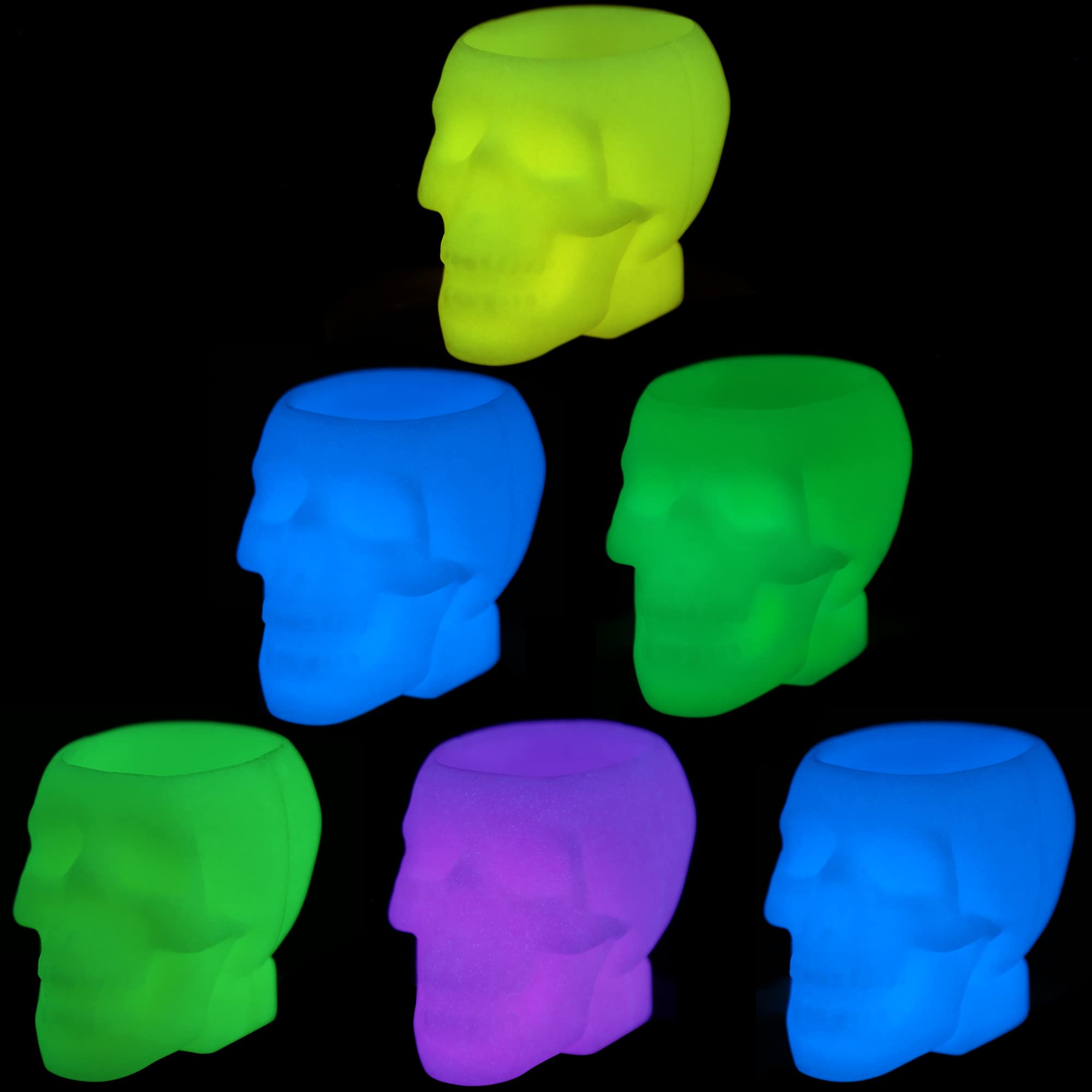Fun Skull Shot Glasses Set of 6 - Glow in Dark for Party & Bar Use