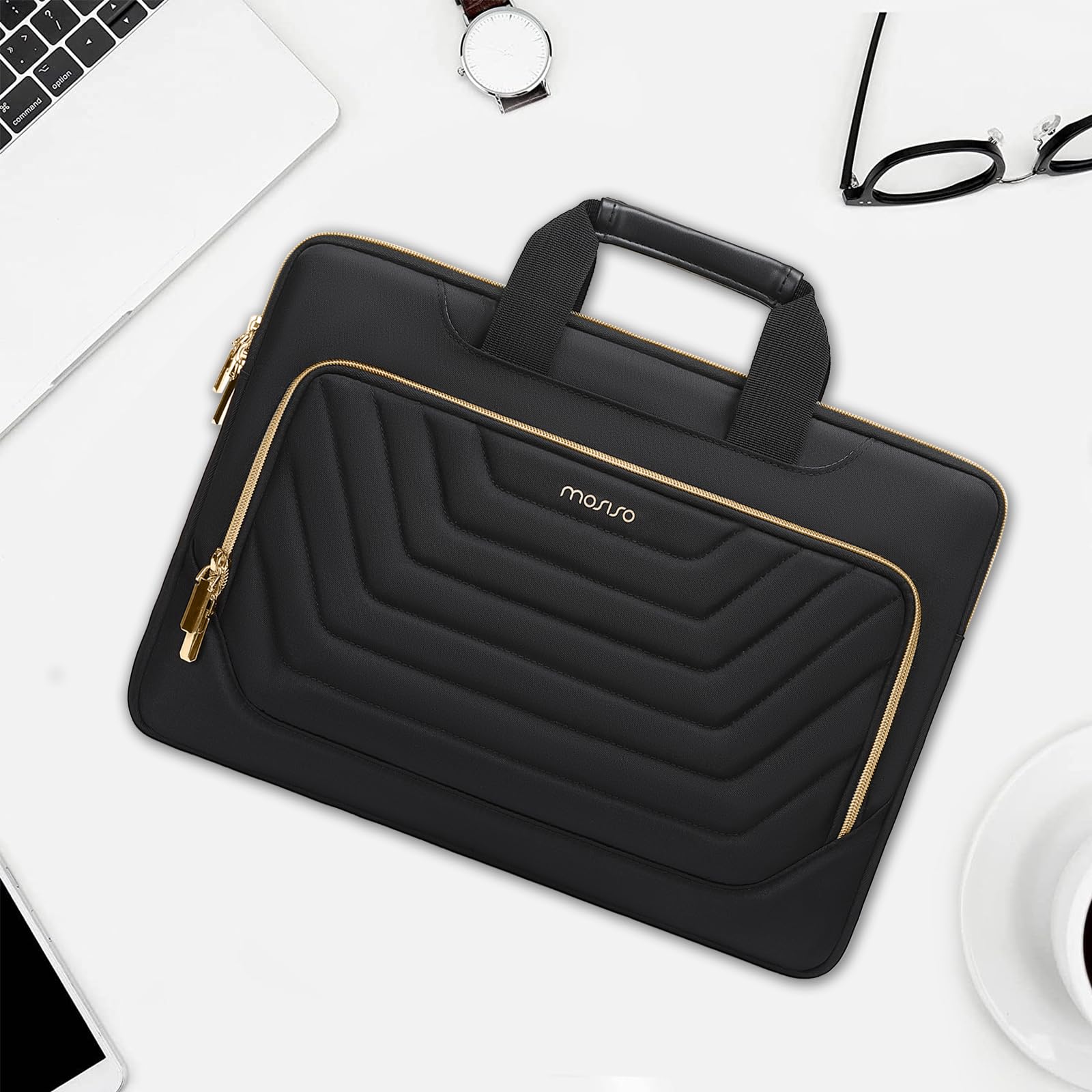 MOSISO 13-13.3 Inch Laptop Shoulder Bag for MacBook Pro 14, HP, Dell, Lenovo, Asus - Waterproof Messenger Briefcase with Front Quilted Pocket - Perfect for Business, Travel & College (Black)