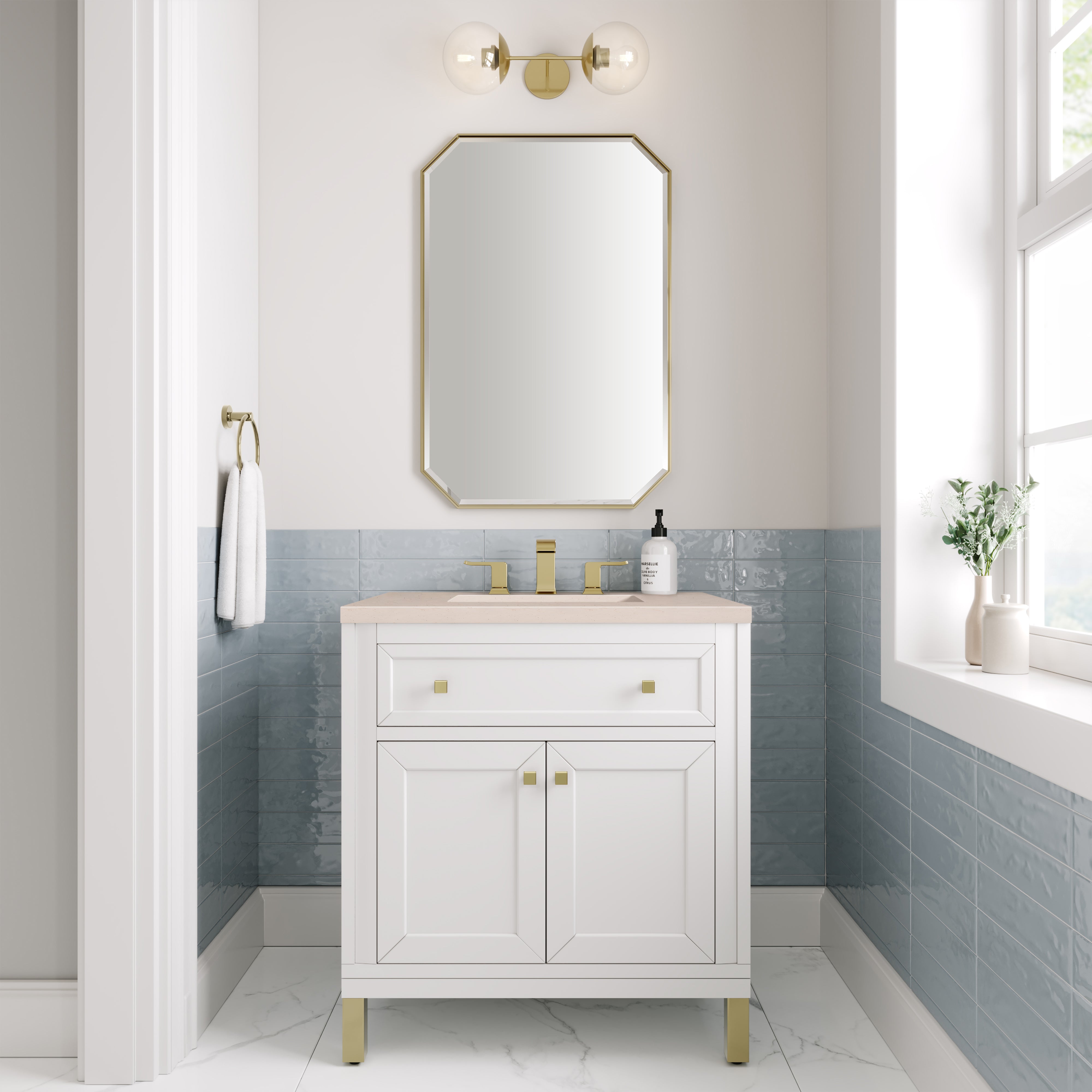 Chicago 30-Inch Single Bathroom Vanity Set with Glossy White Finish & 3CM Eternal Marfil Stone Top - Perfect for Modern Master Bathrooms & Powder Rooms
